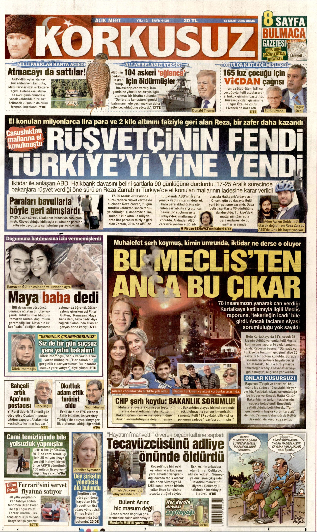 KORKUSUZ gazetesinin 13 Mart 2026 tarihli birinci sayfası