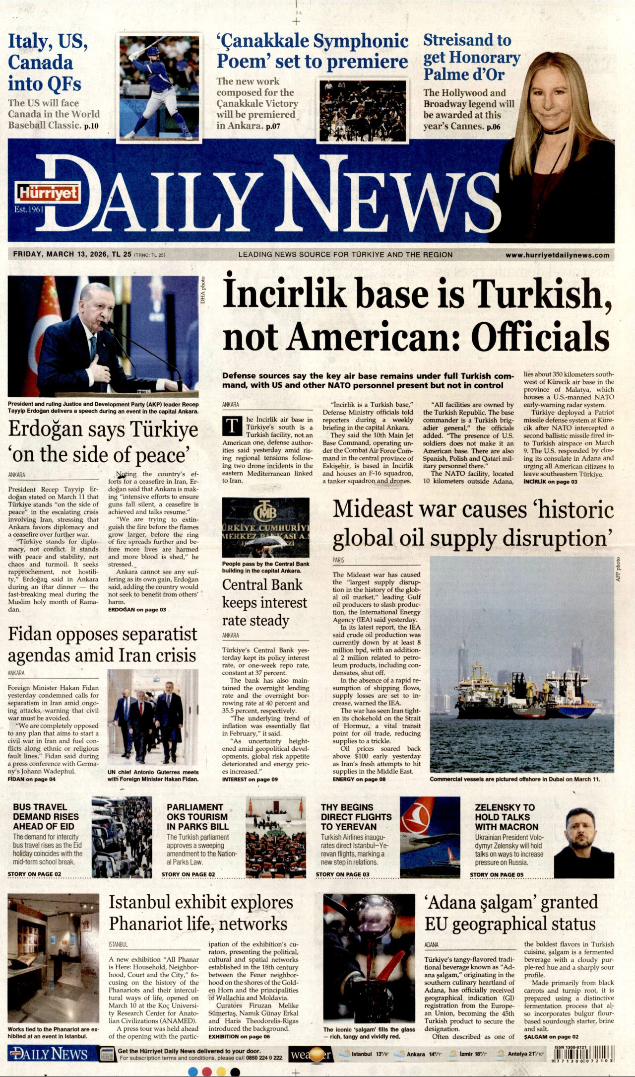 HÜRRİYET DAİLY NEWS gazetesinin 13 Mart 2026 tarihli birinci sayfası