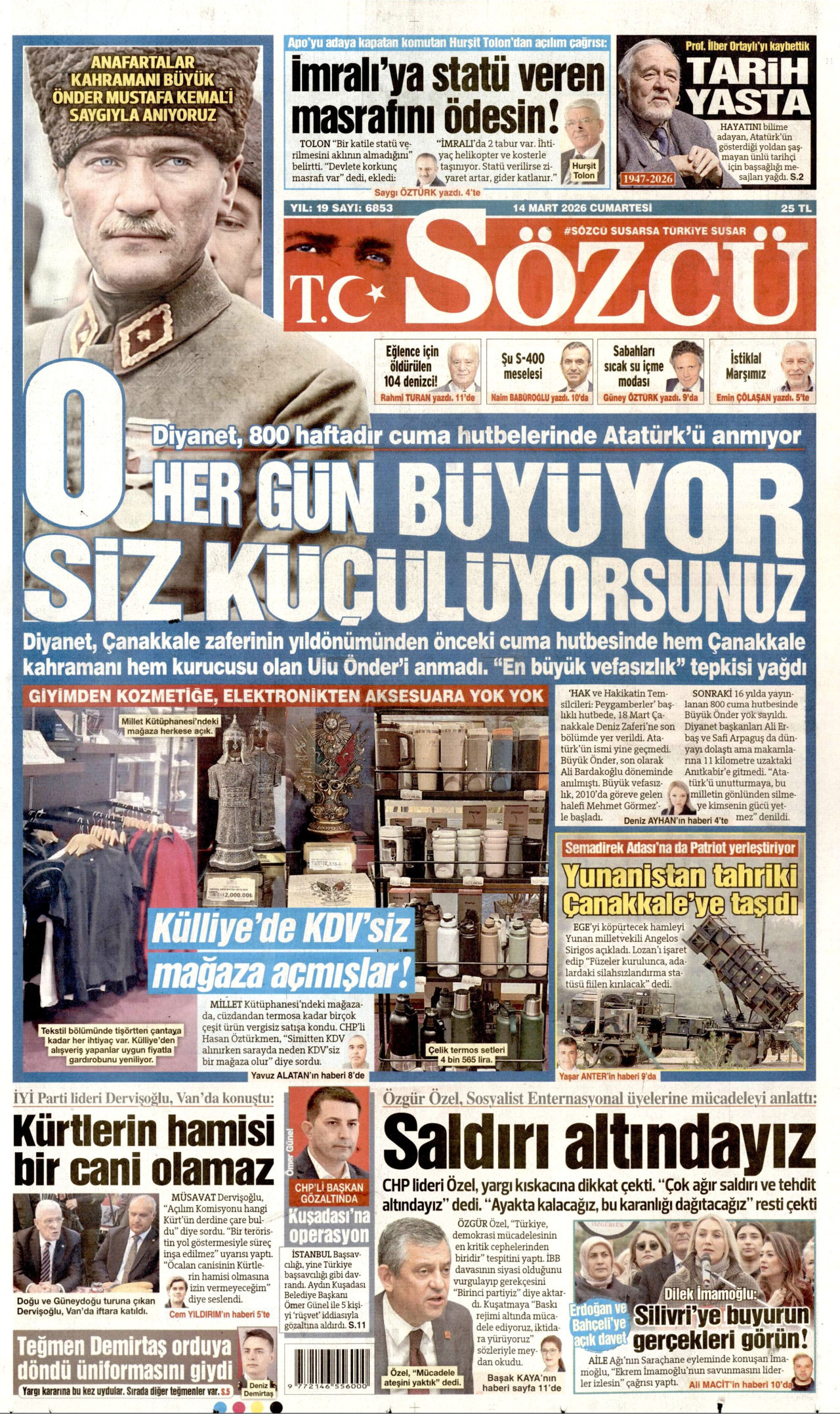 SÖZCÜ gazetesinin 14 Mart 2026 tarihli birinci sayfası