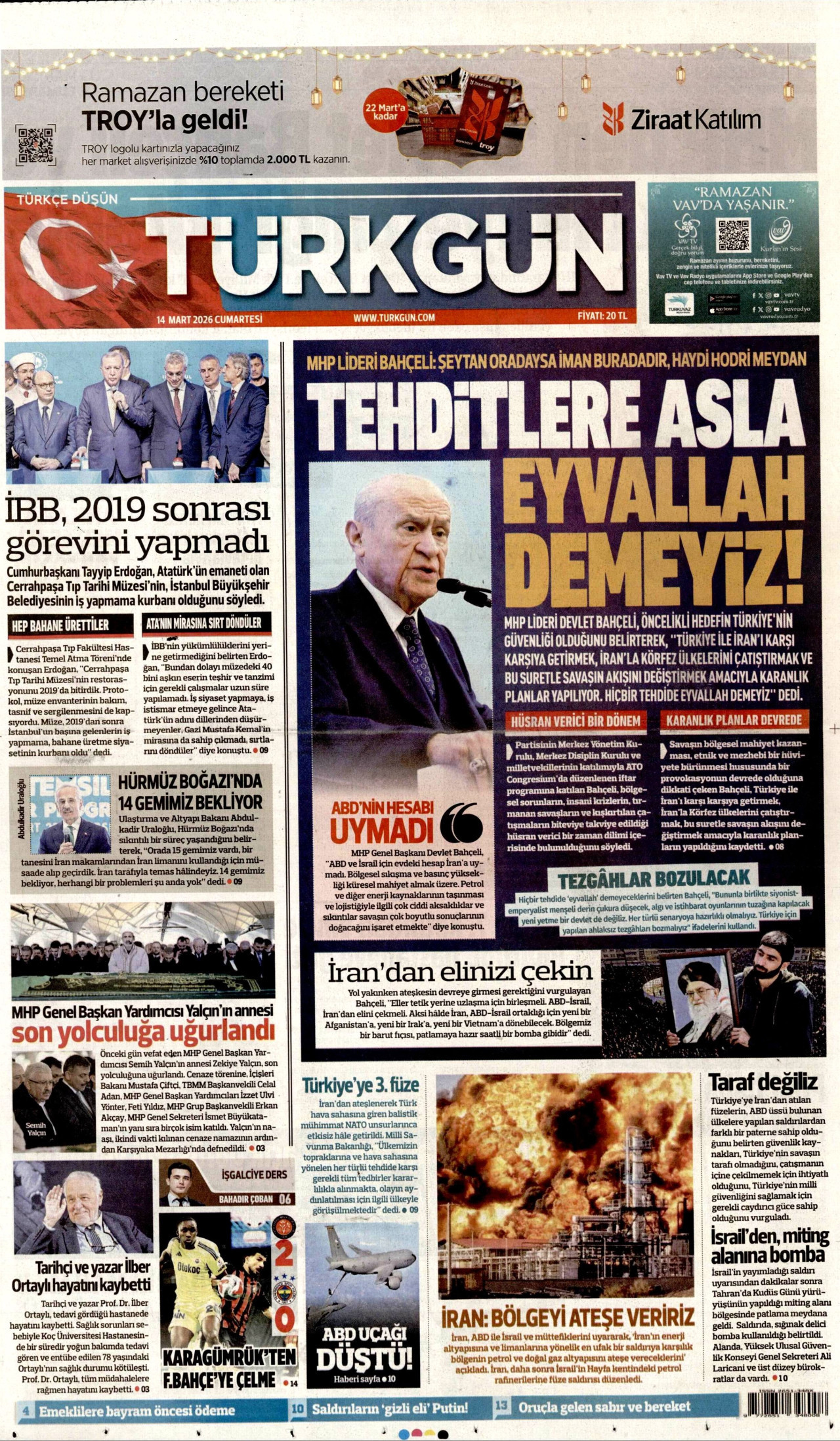 TÜRKGÜN gazetesinin 14 Mart 2026 tarihli birinci sayfası