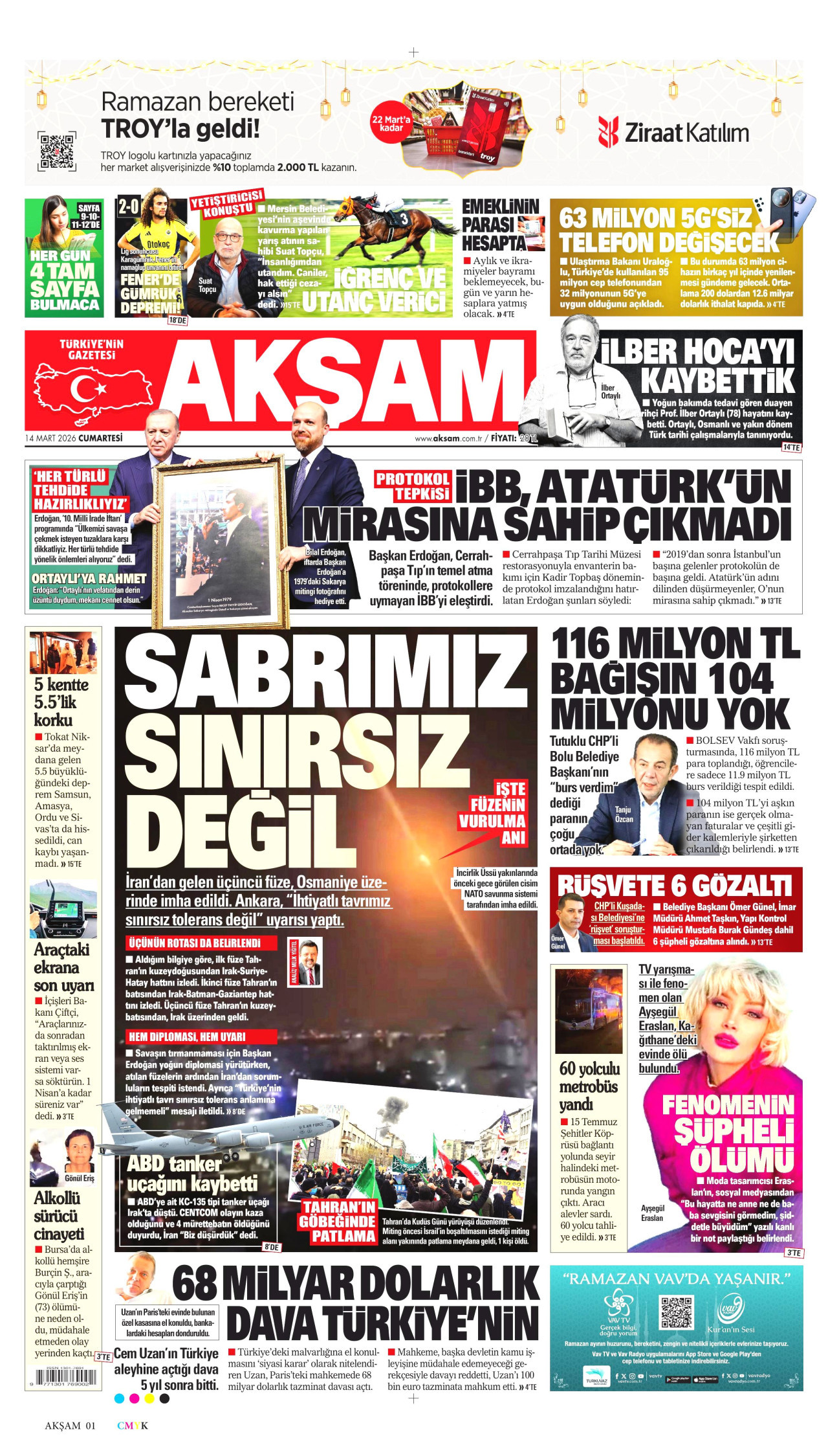 AKŞAM gazetesinin 14 Mart 2026 tarihli birinci sayfası