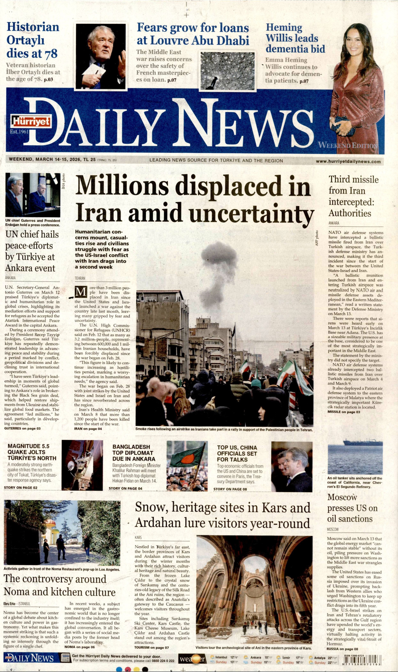 HÜRRİYET DAİLY NEWS gazetesinin 14 Mart 2026 tarihli birinci sayfası