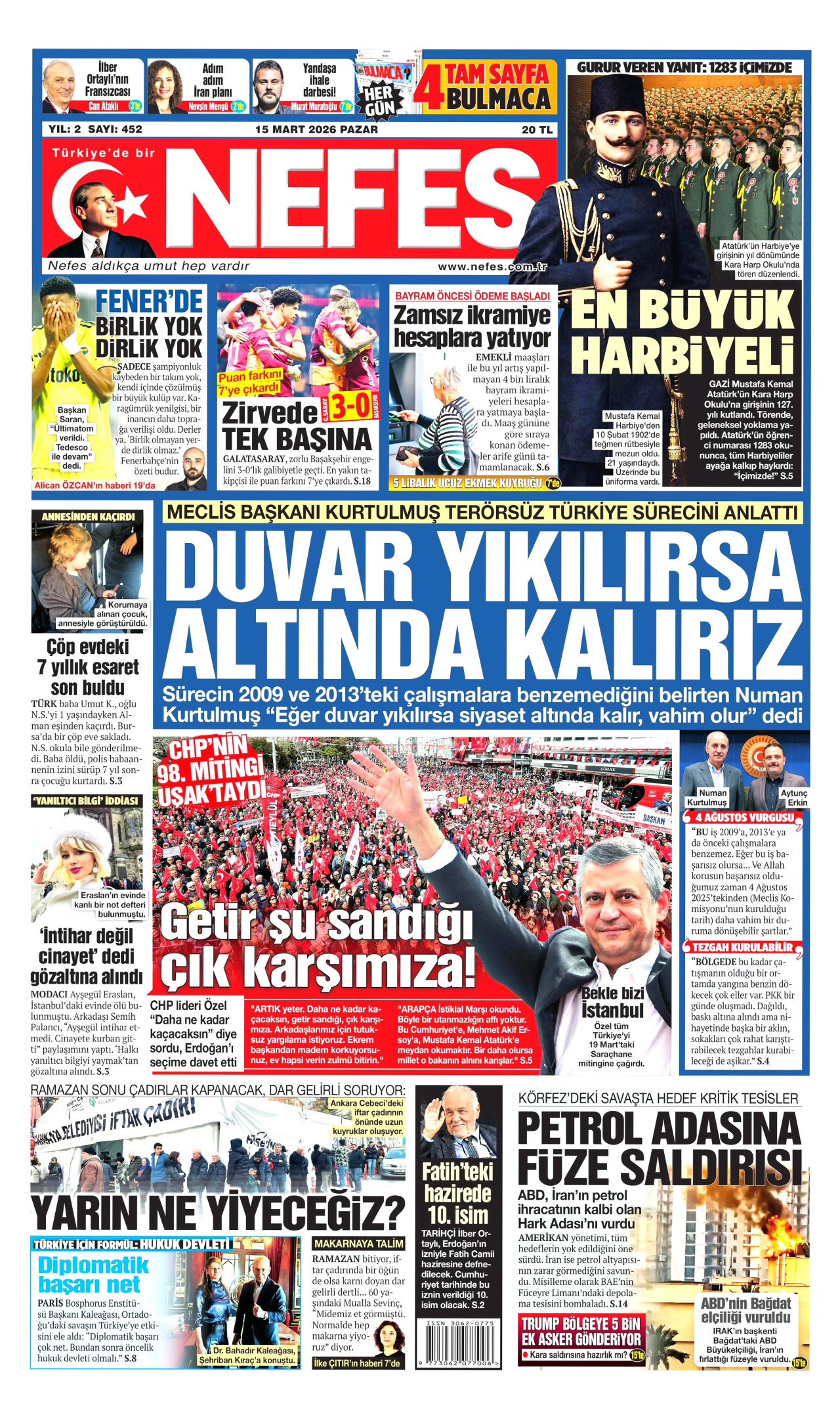 NEFES gazetesinin 15 Mart 2026 tarihli birinci sayfası