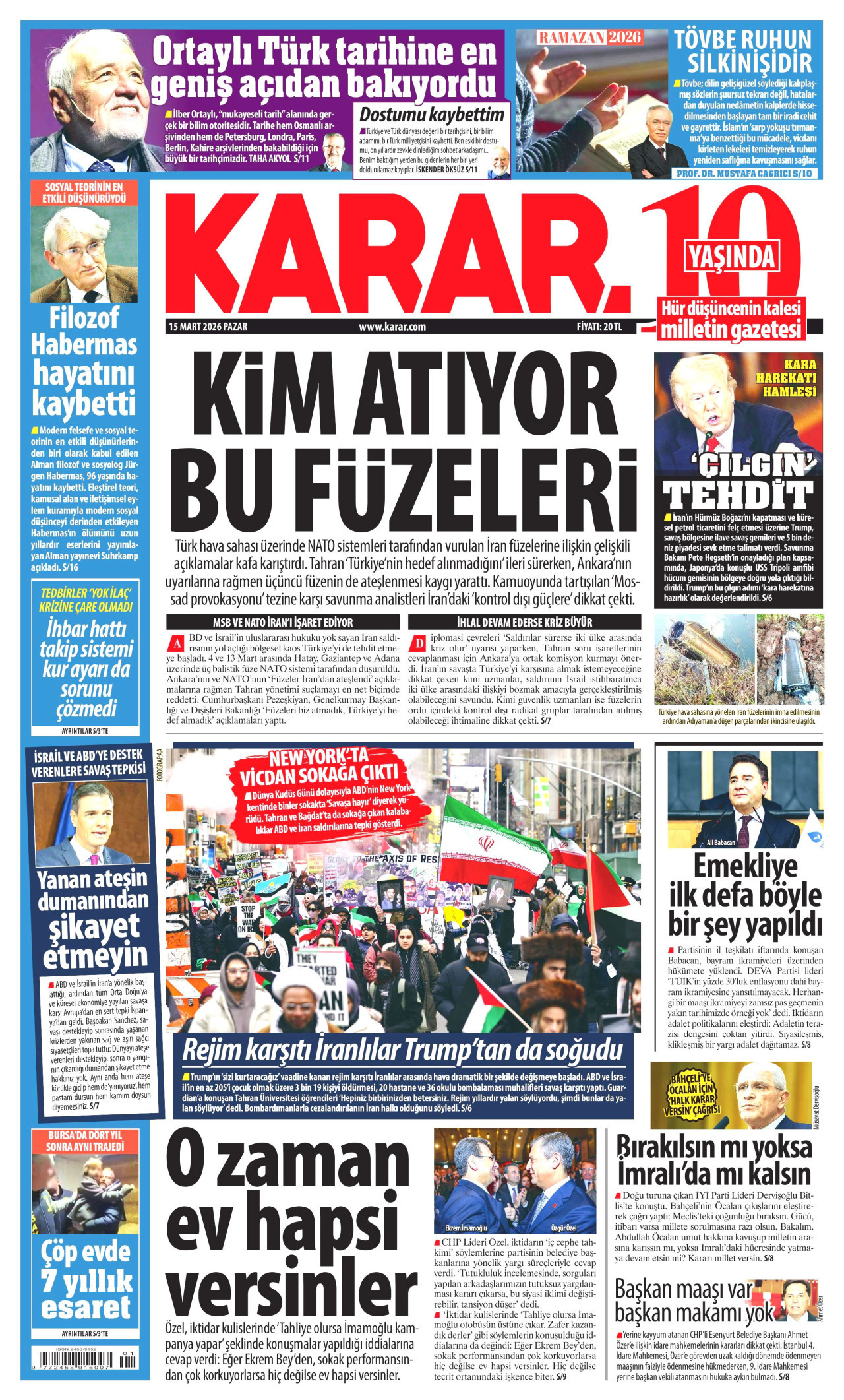 KARAR gazetesinin 15 Mart 2026 tarihli birinci sayfası