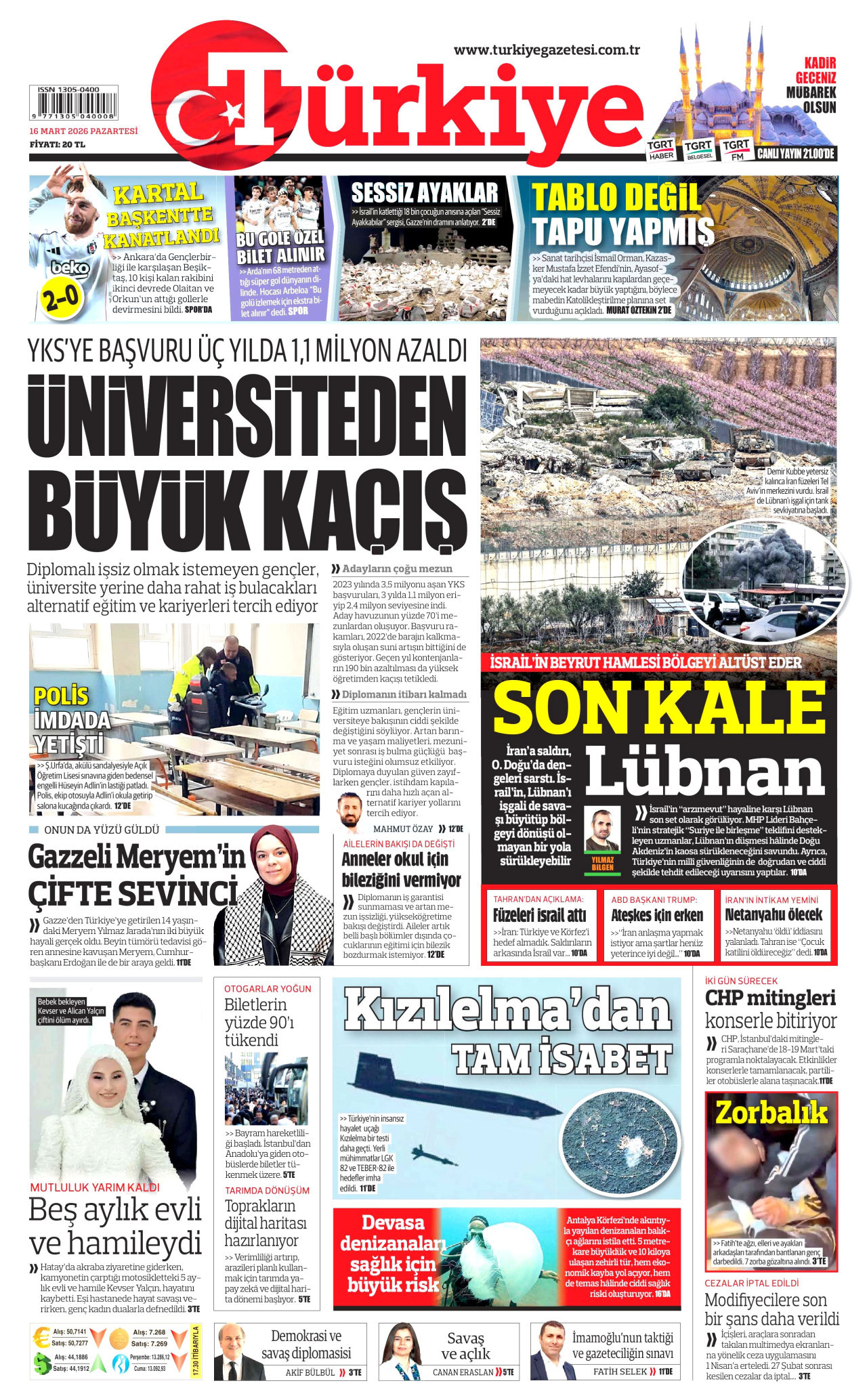 TÜRKİYE GAZETESİ gazetesinin 16 Mart 2026 tarihli birinci sayfası