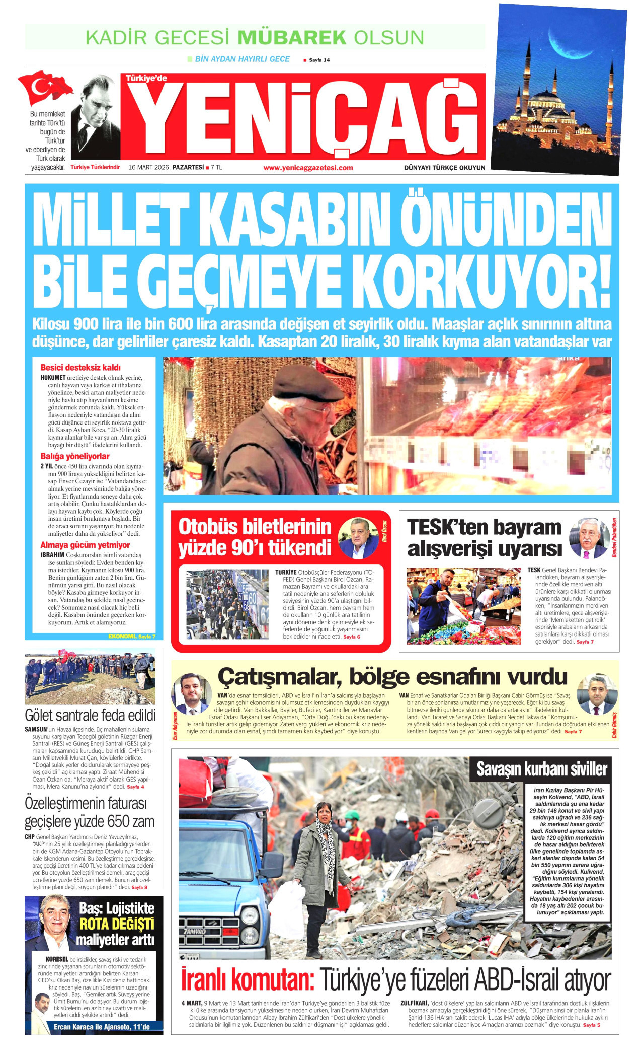 YENİÇAĞ gazetesinin 16 Mart 2026 tarihli birinci sayfası