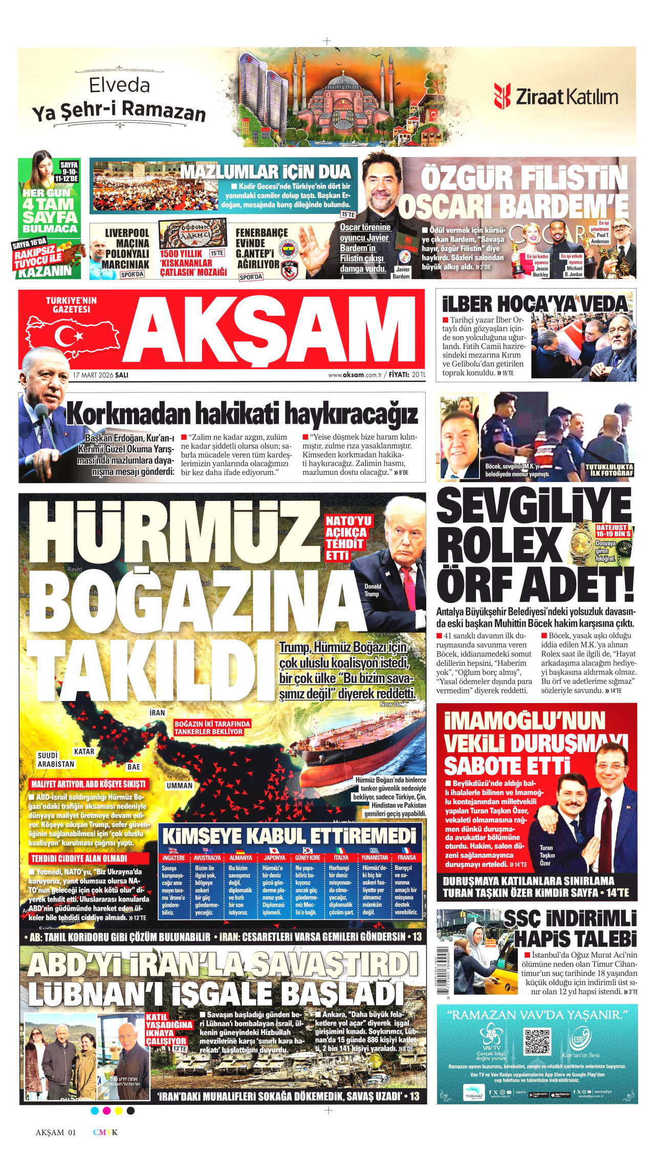 AKŞAM gazetesinin 17 Mart 2026 tarihli birinci sayfası