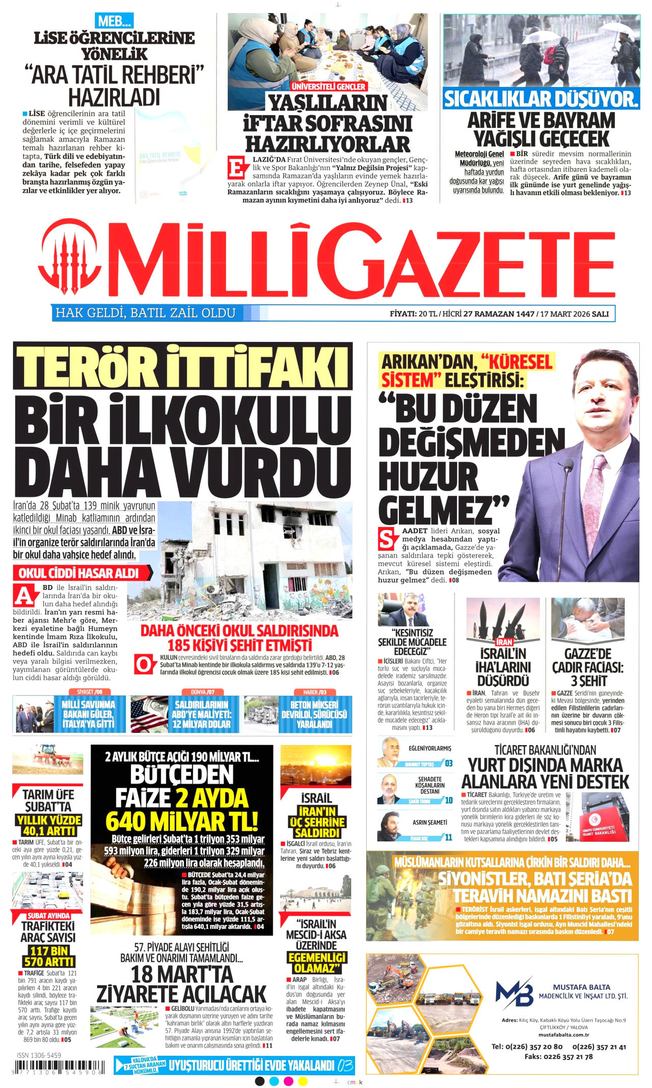 MİLLİ GAZETE gazetesinin 17 Mart 2026 tarihli birinci sayfası