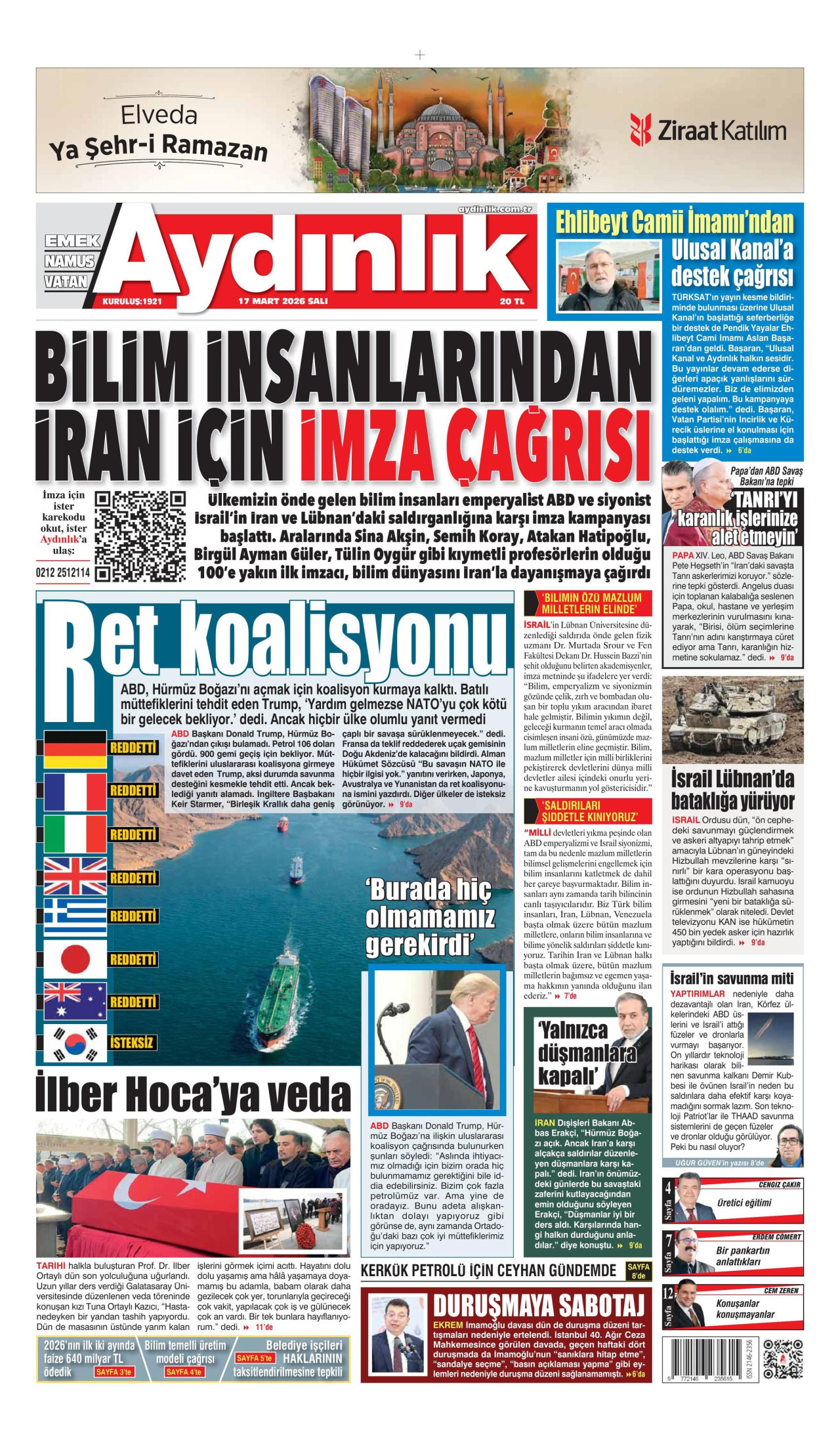 AYDINLIK GAZETESİ gazetesinin 17 Mart 2026 tarihli birinci sayfası