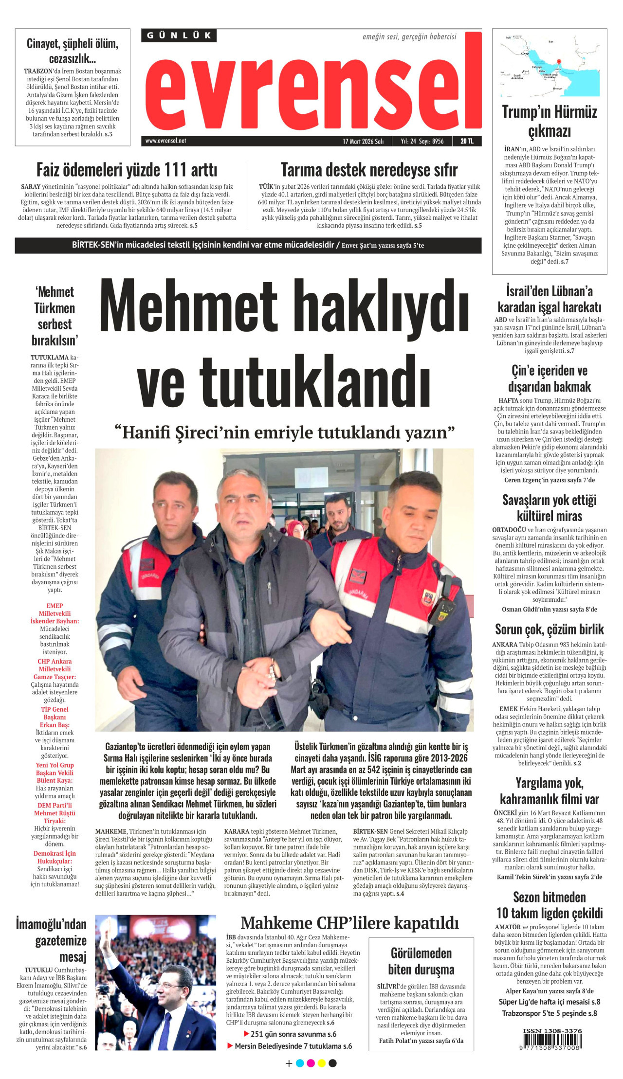 EVRENSEL gazetesinin 17 Mart 2026 tarihli birinci sayfası