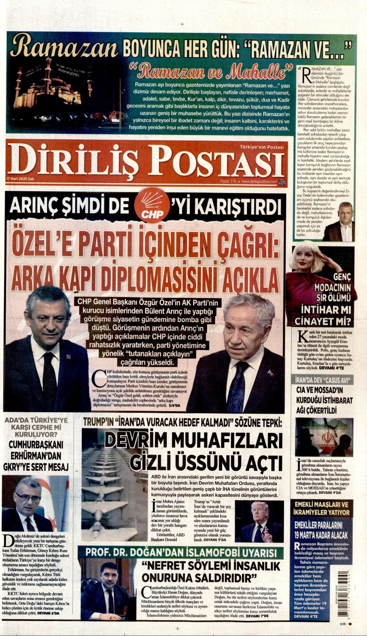 DİRİLİŞ POSTASI gazetesinin 17 Mart 2026 tarihli birinci sayfası