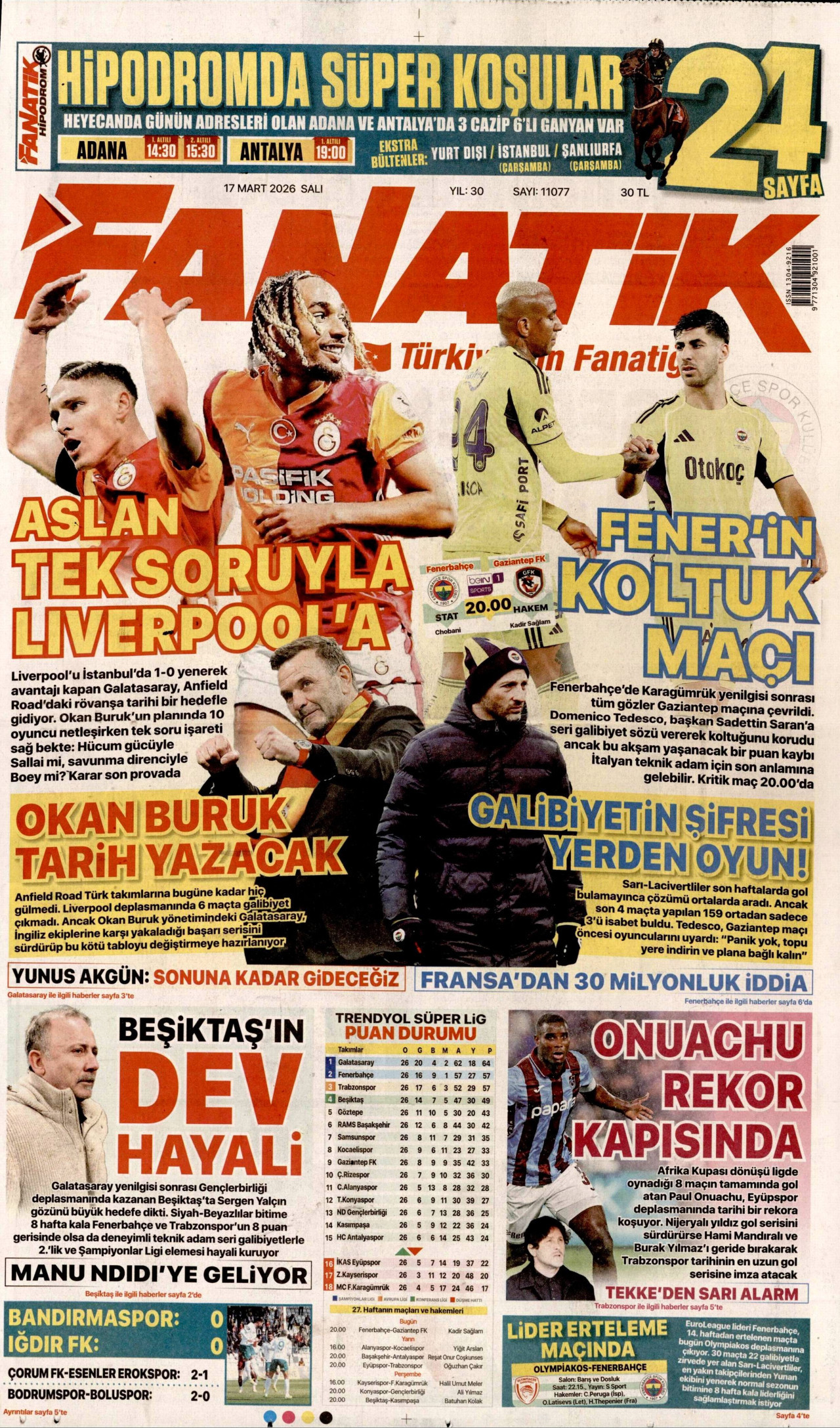 FANATİK gazetesinin 17 Mart 2026 tarihli birinci sayfası