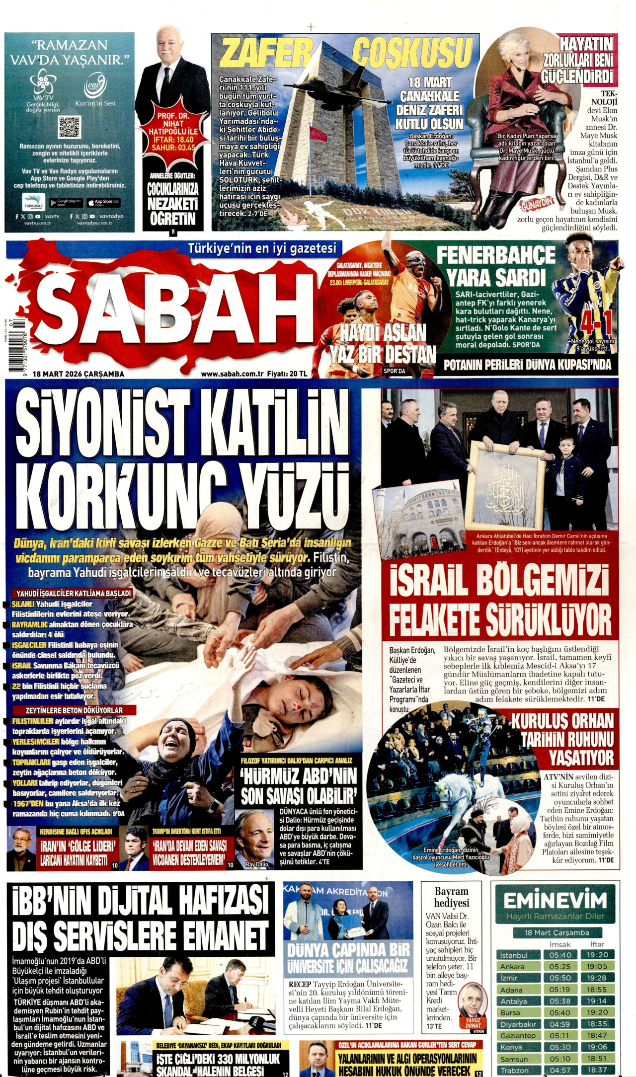 SABAH gazetesinin 18 Mart 2026 tarihli birinci sayfası