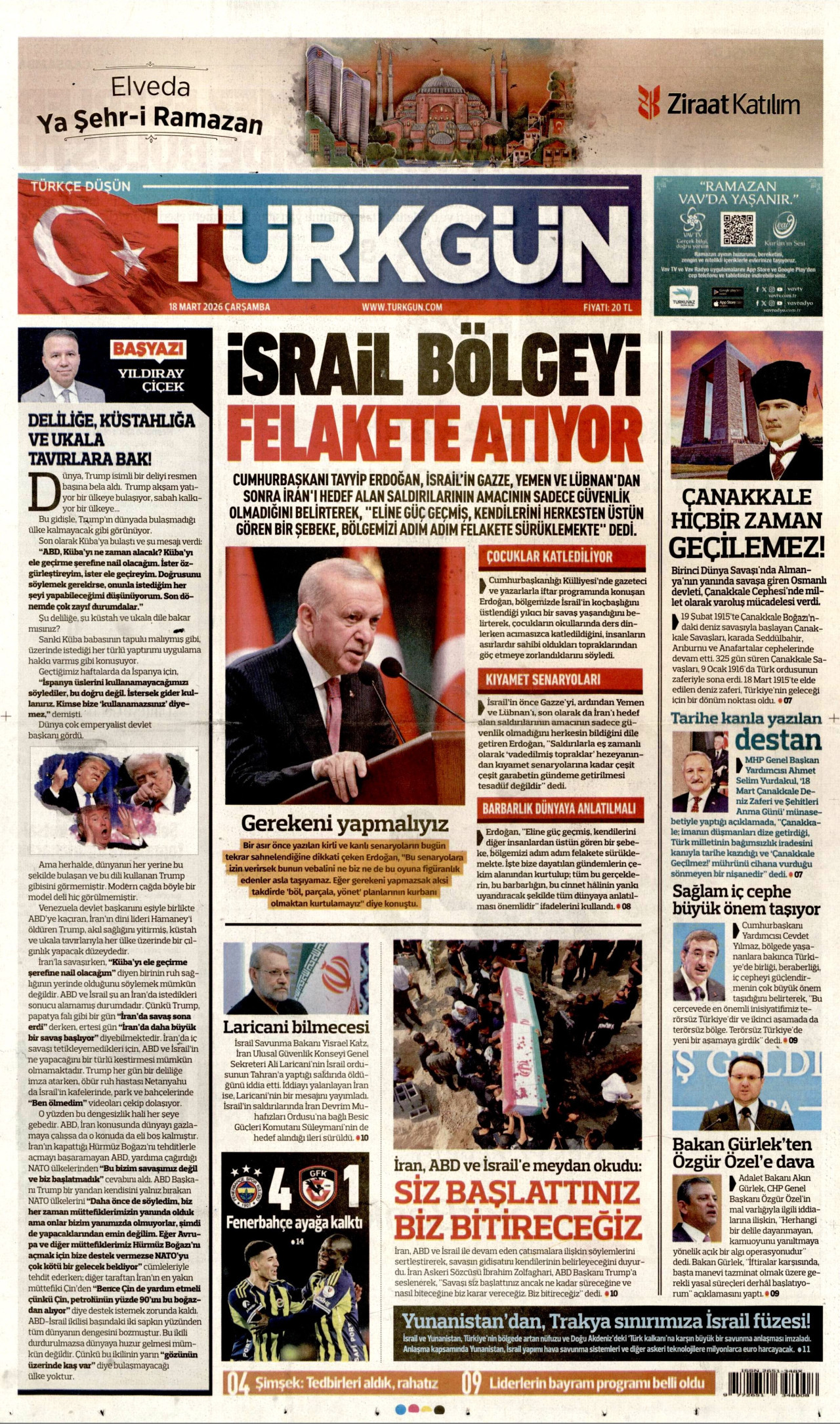 TÜRKGÜN gazetesinin 18 Mart 2026 tarihli birinci sayfası