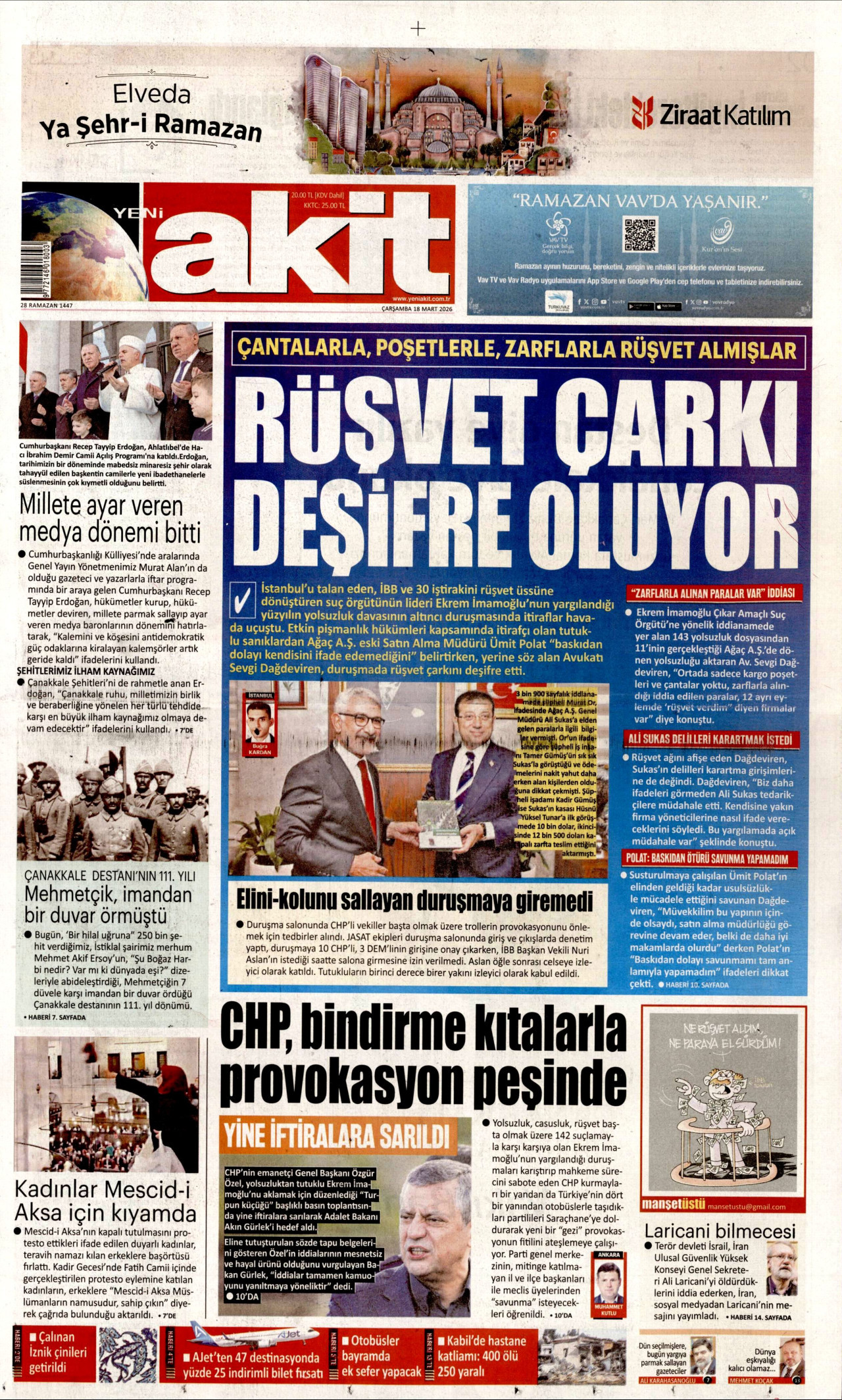 YENİ AKİT gazetesinin 18 Mart 2026 tarihli birinci sayfası