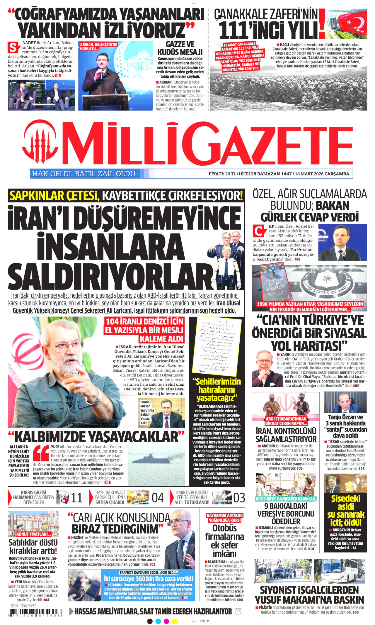 MİLLİ GAZETE gazetesinin 18 Mart 2026 tarihli birinci sayfası
