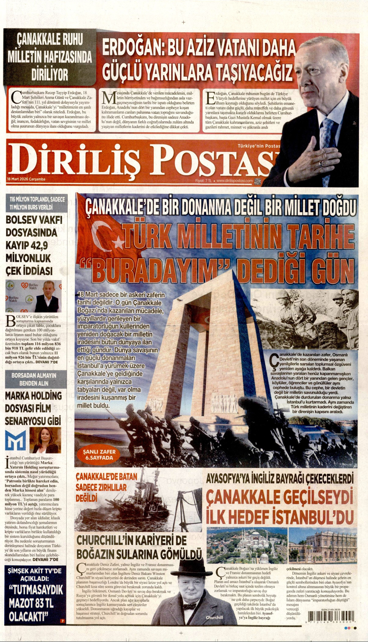 DİRİLİŞ POSTASI gazetesinin 18 Mart 2026 tarihli birinci sayfası