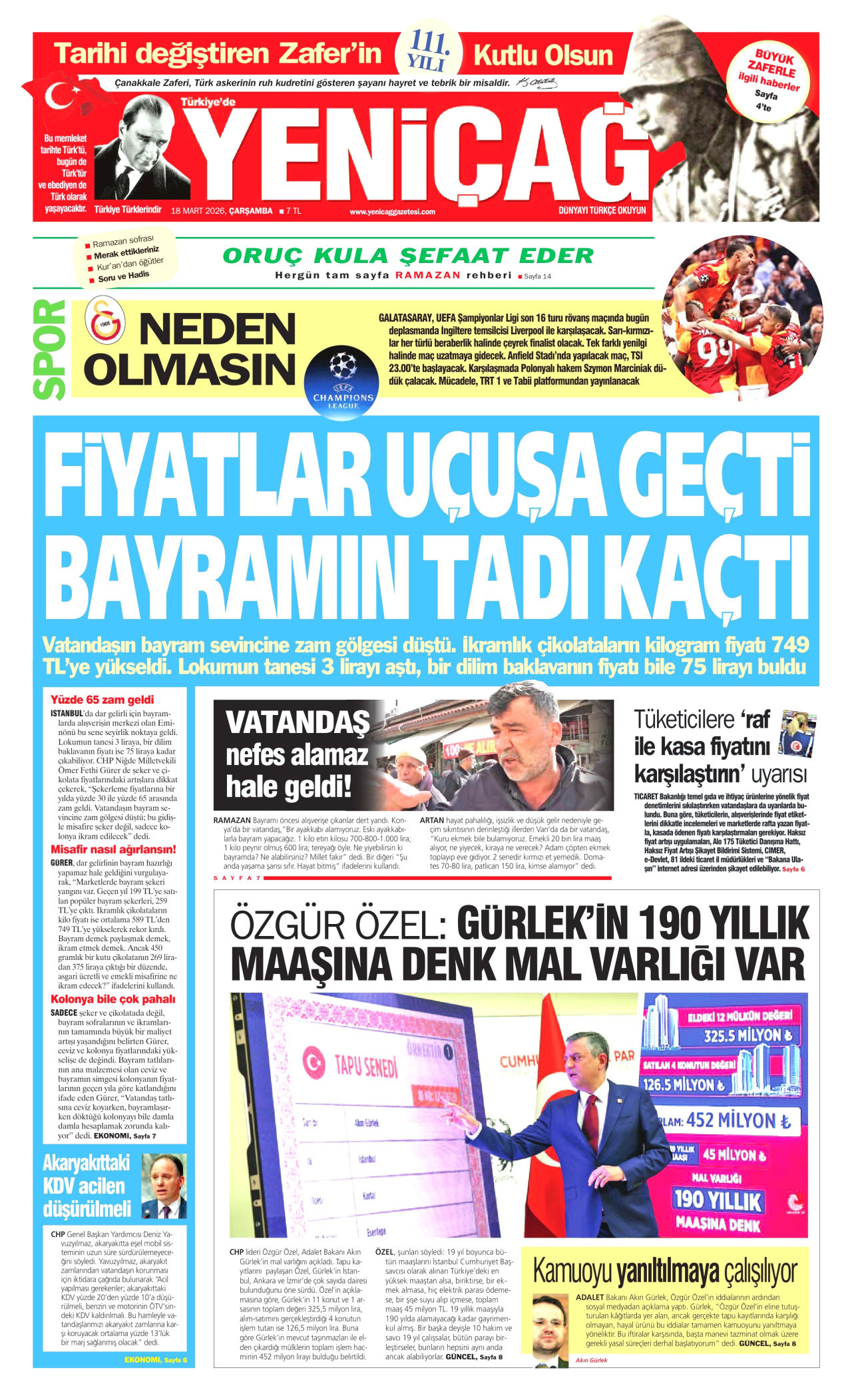 YENİÇAĞ gazetesinin 18 Mart 2026 tarihli birinci sayfası