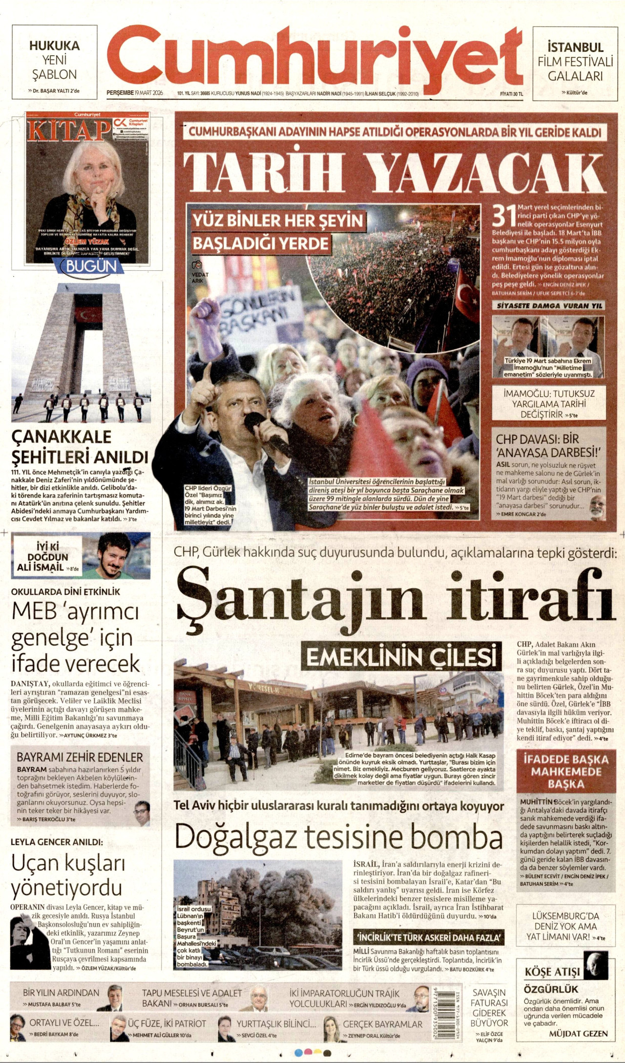 CUMHURİYET gazetesinin 19 Mart 2026 tarihli birinci sayfası
