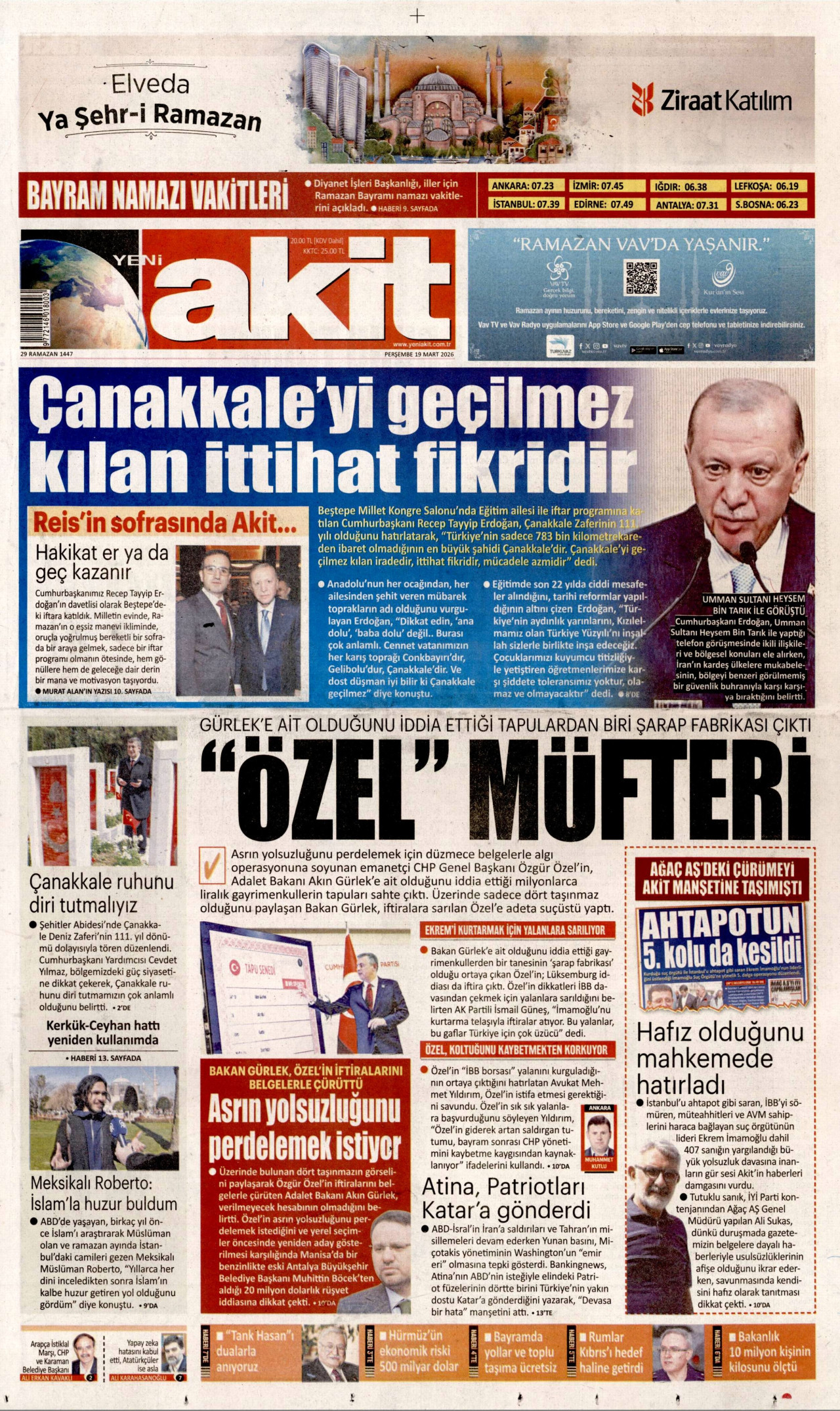 YENİ AKİT gazetesinin 19 Mart 2026 tarihli birinci sayfası