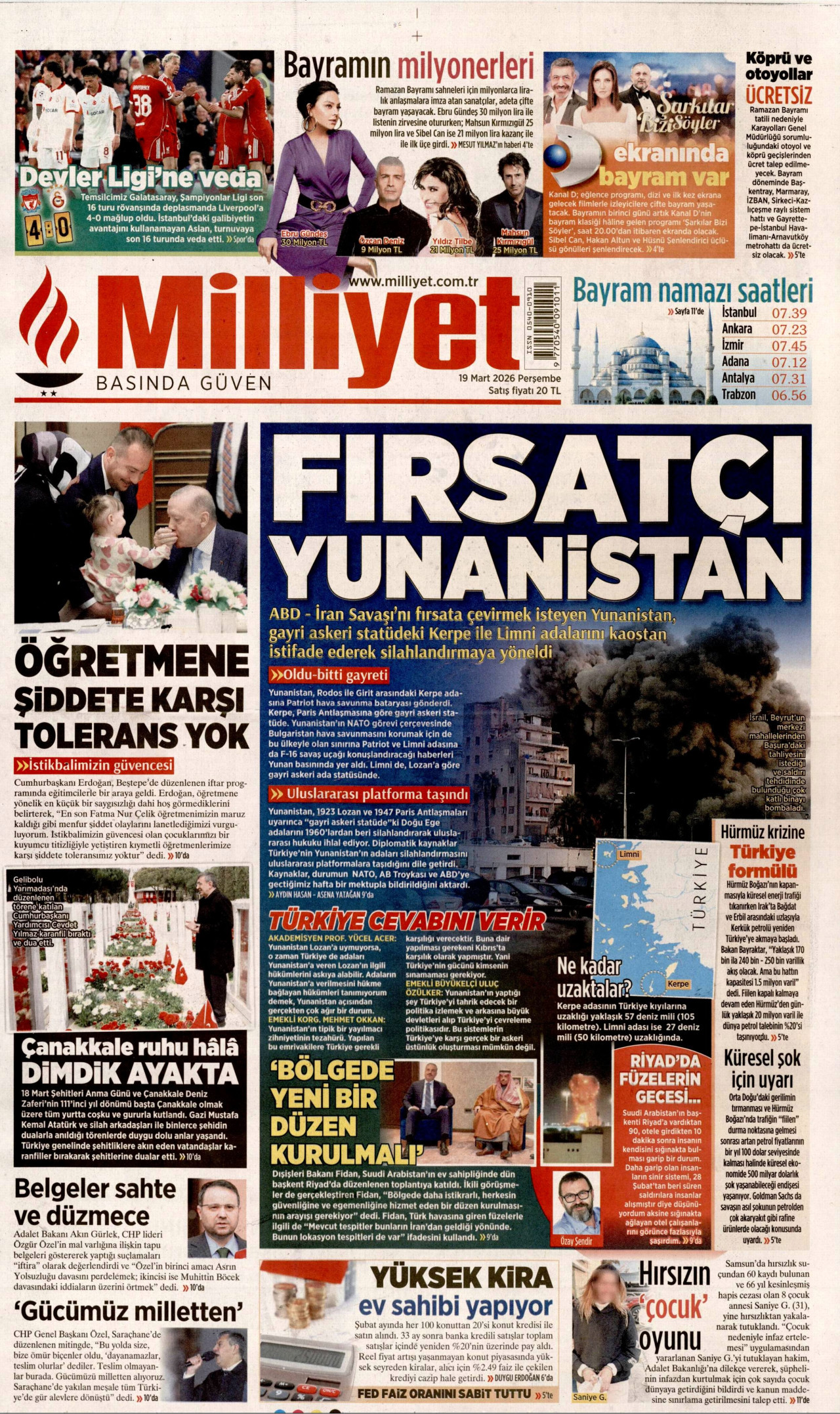 MİLLİYET gazetesinin 19 Mart 2026 tarihli birinci sayfası