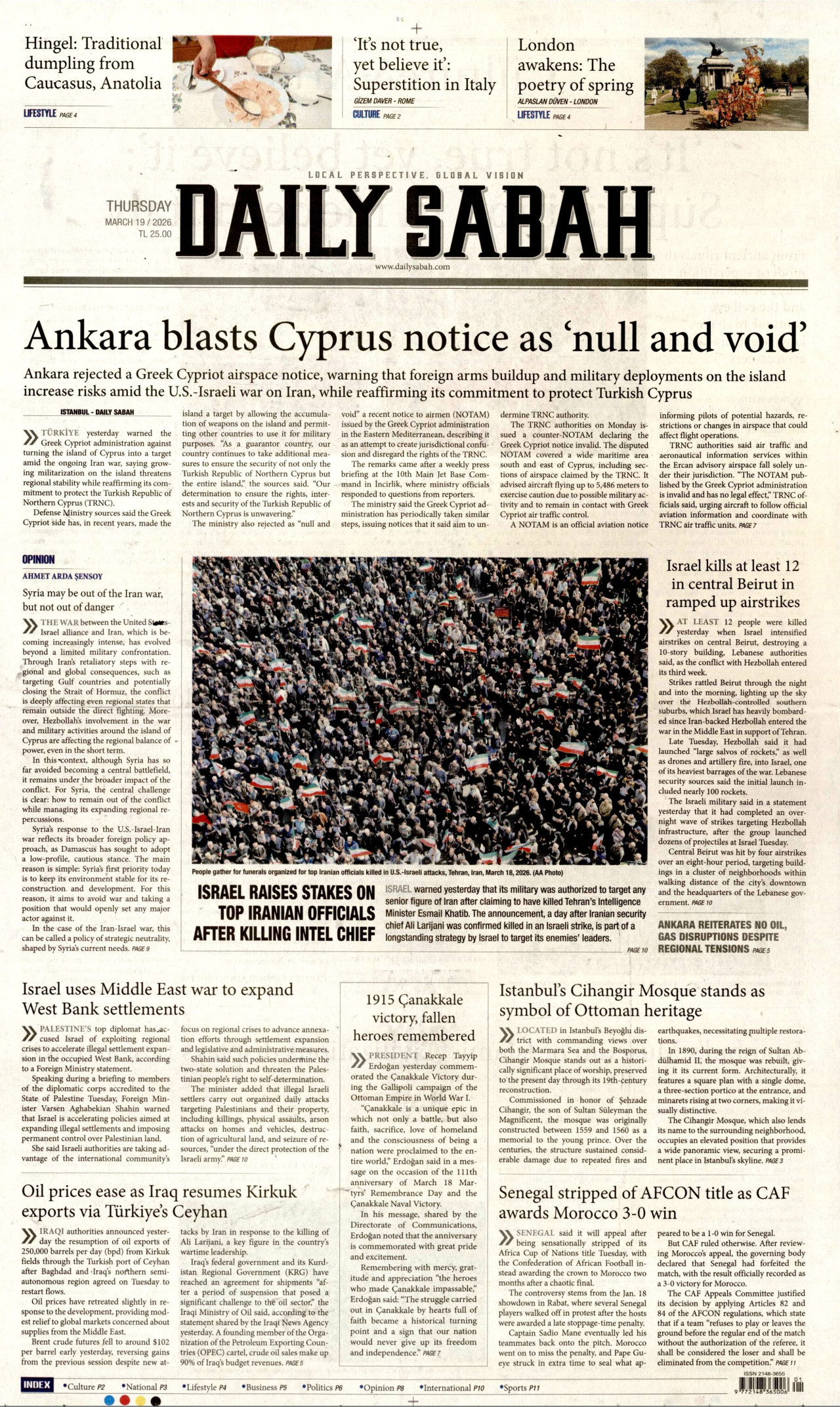 DAİLY SABAH gazetesinin 19 Mart 2026 tarihli birinci sayfası