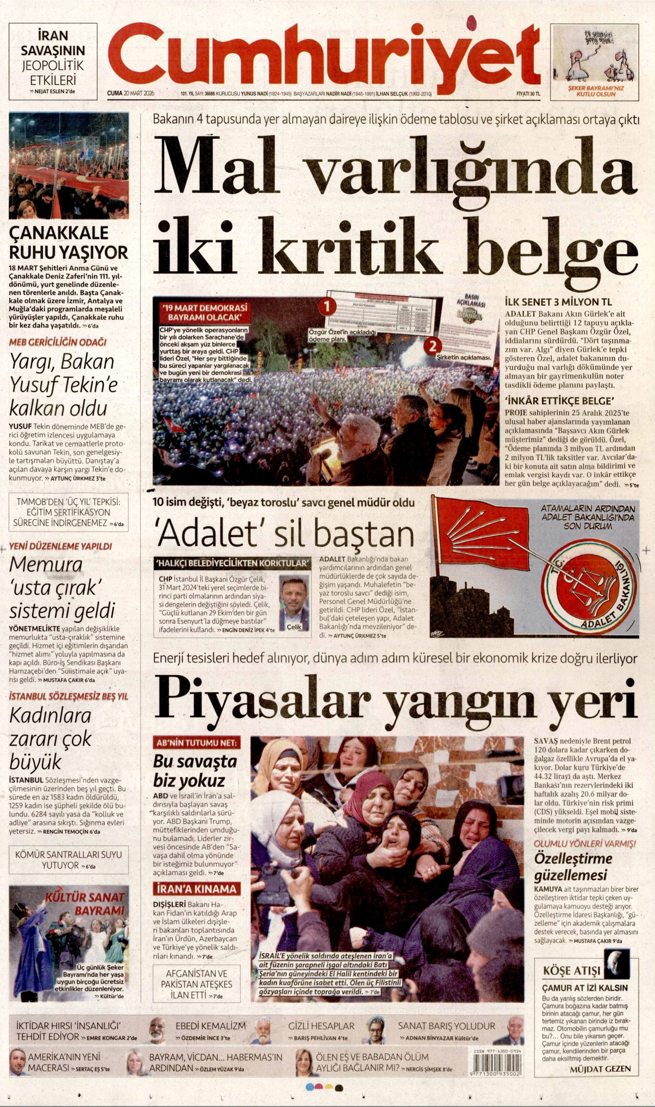 CUMHURİYET gazetesinin 20 Mart 2026 tarihli birinci sayfası