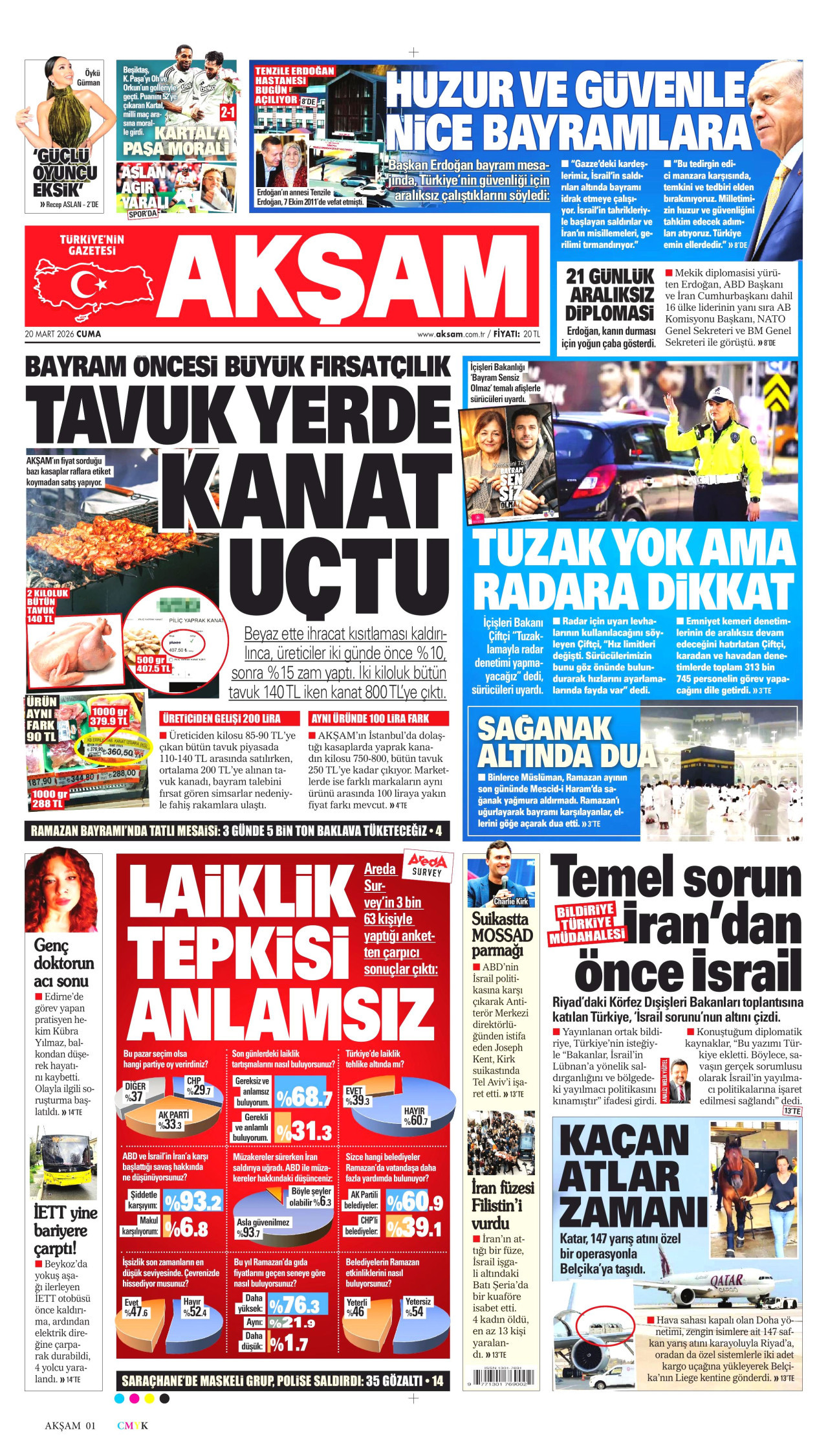 AKŞAM gazetesinin 20 Mart 2026 tarihli birinci sayfası