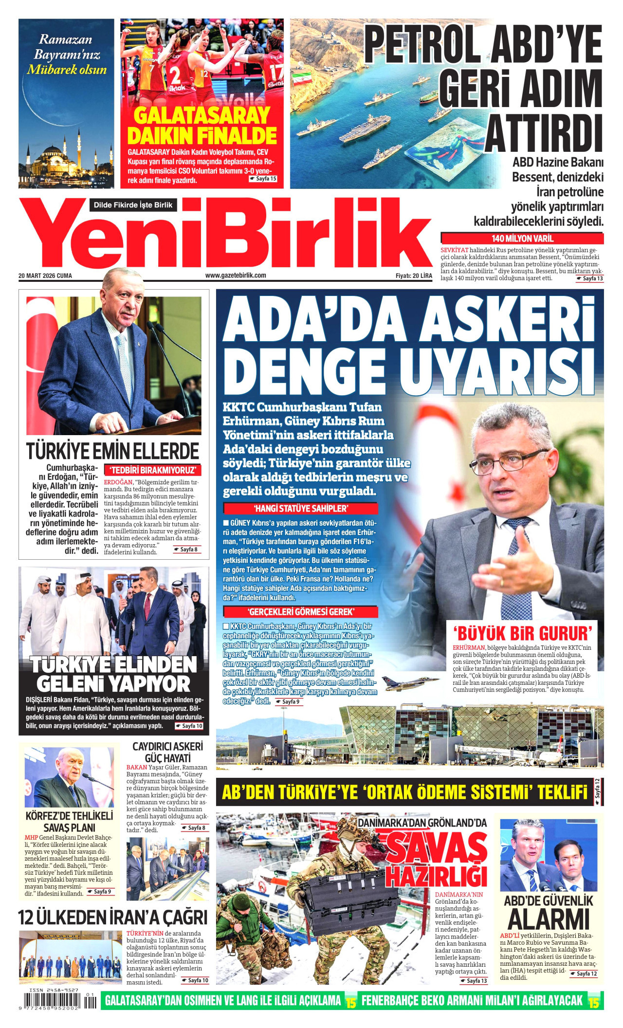 YENİBİRLİK gazetesinin 20 Mart 2026 tarihli birinci sayfası