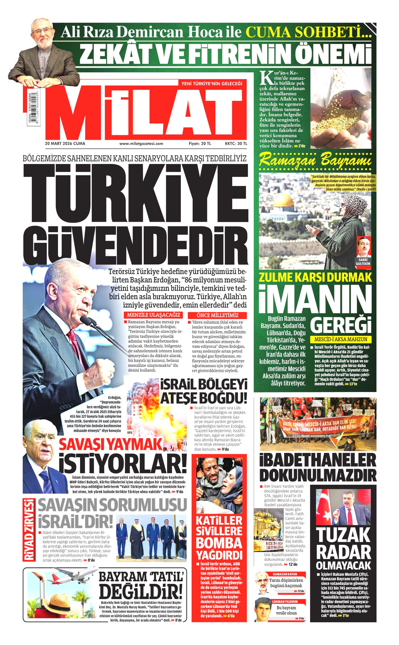 MİLAT gazetesinin 20 Mart 2026 tarihli birinci sayfası