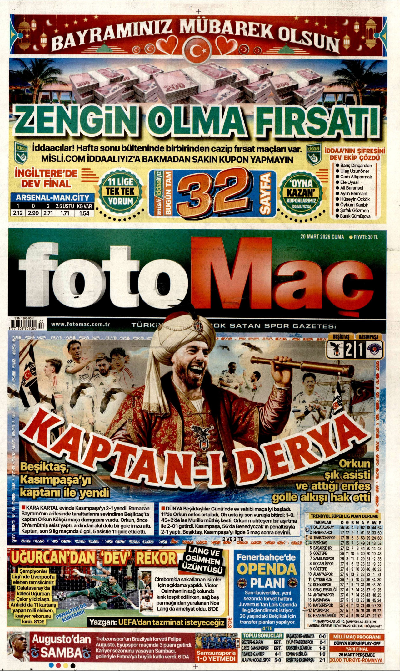 FOTOMAÇ gazetesinin 20 Mart 2026 tarihli birinci sayfası