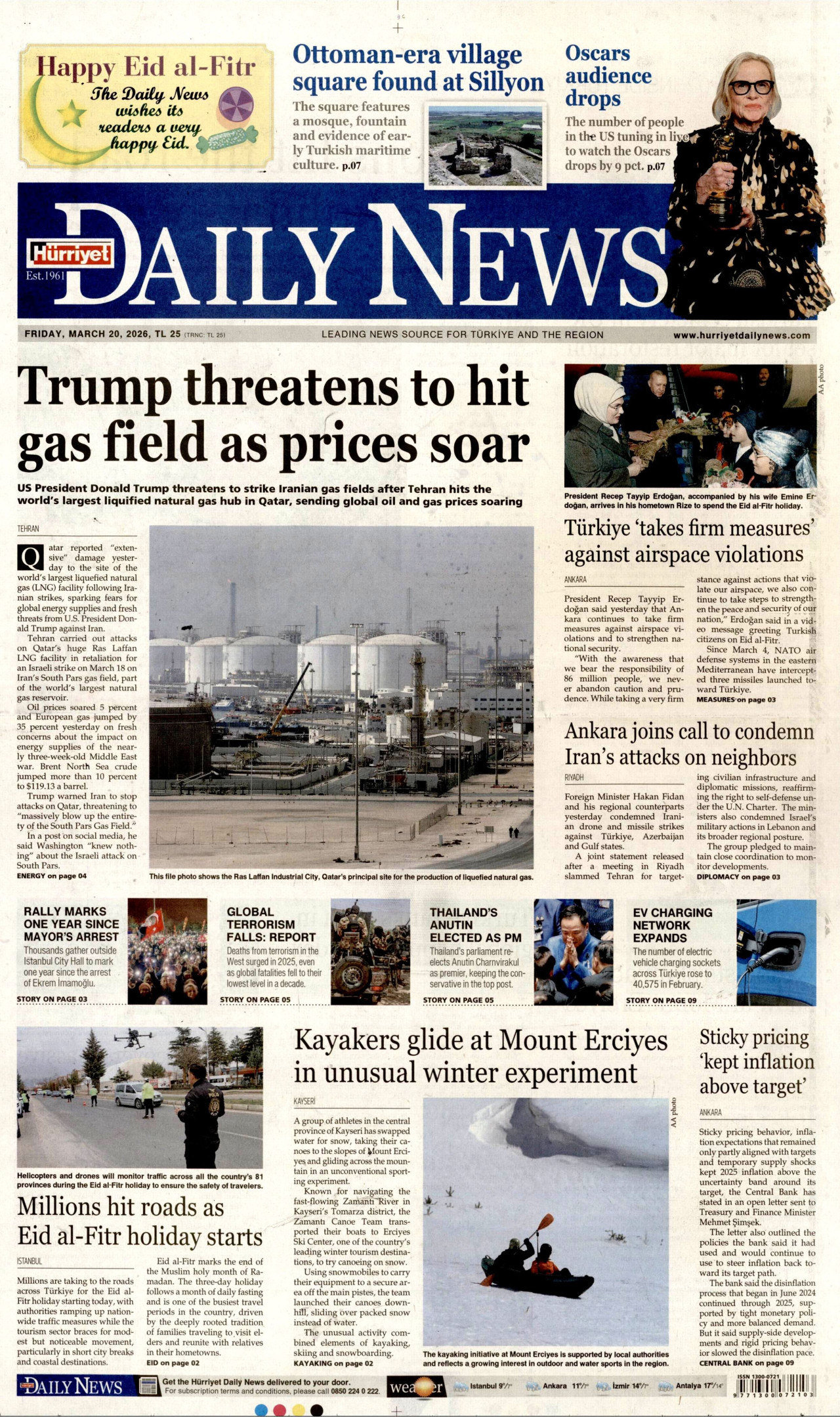HÜRRİYET DAİLY NEWS gazetesinin 20 Mart 2026 tarihli birinci sayfası