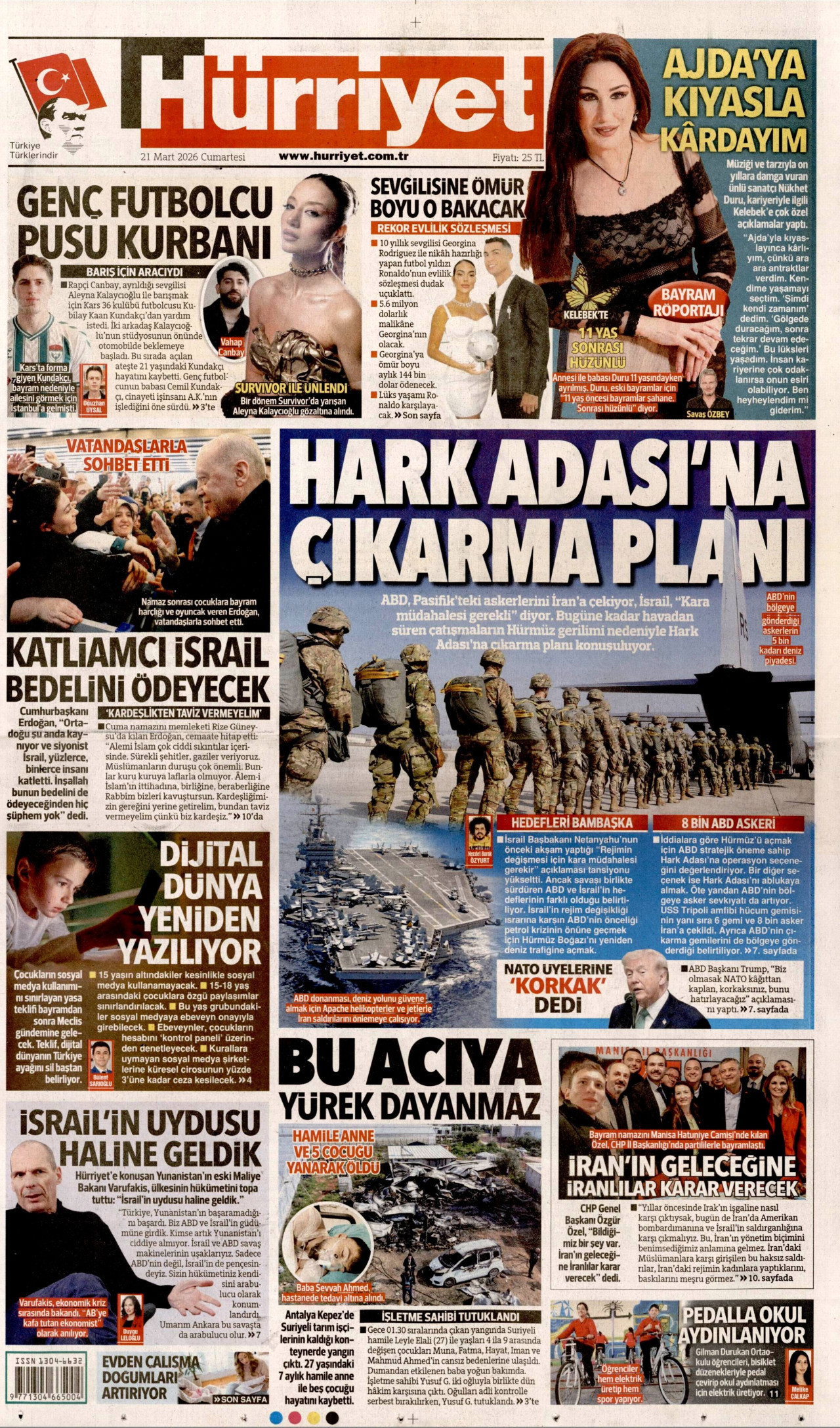 HÜRRİYET gazetesinin 21 Mart 2026 tarihli birinci sayfası