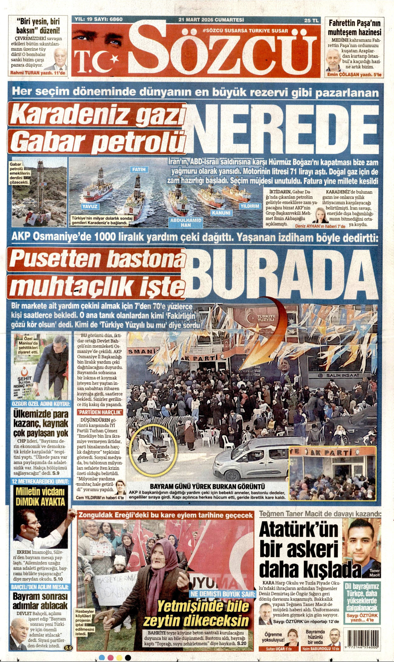 SÖZCÜ gazetesinin 21 Mart 2026 tarihli birinci sayfası