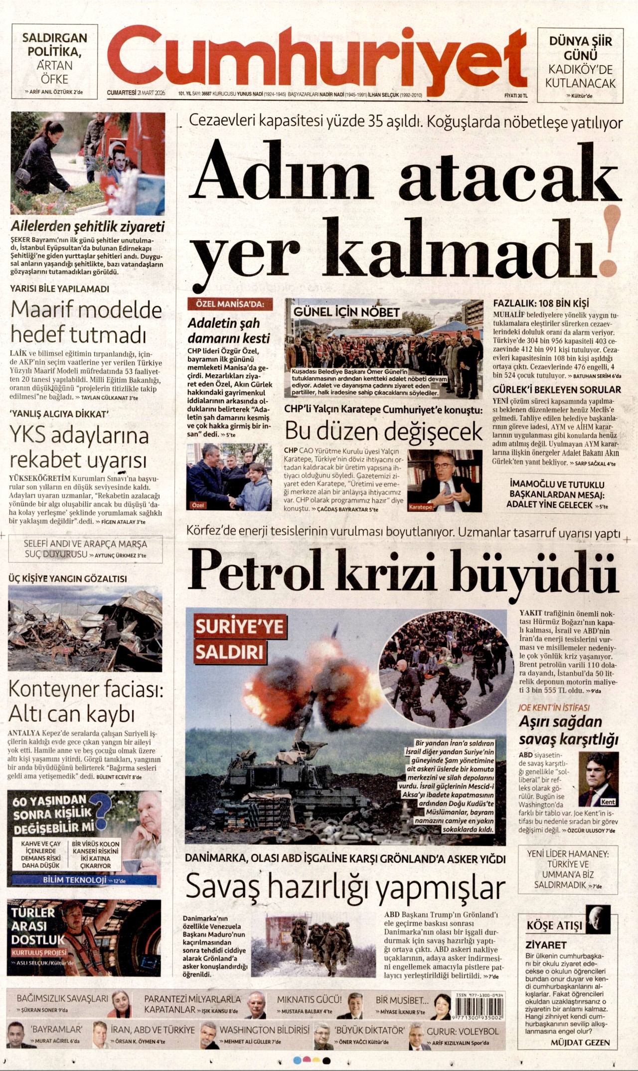 CUMHURİYET gazetesinin 21 Mart 2026 tarihli birinci sayfası