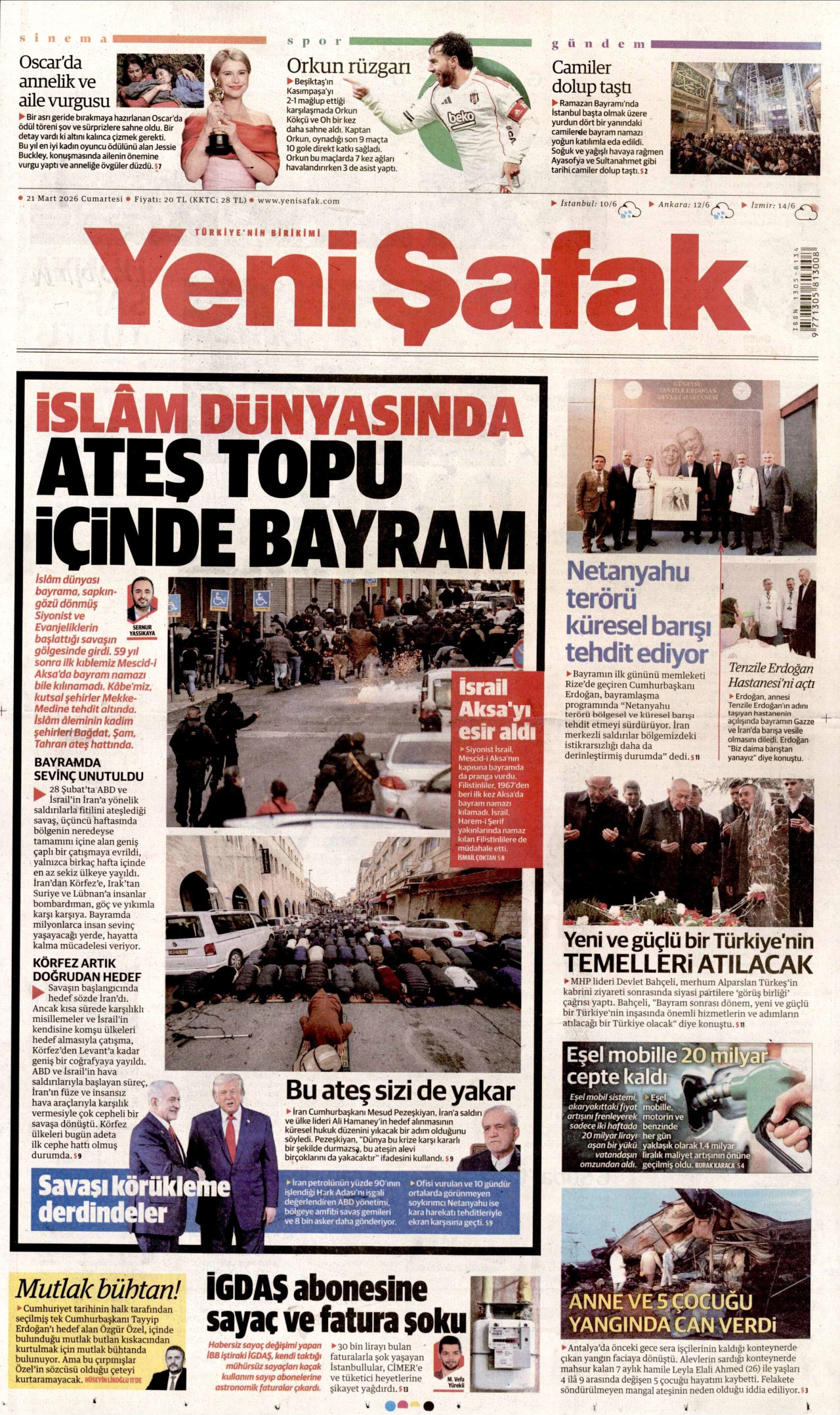 YENİ ŞAFAK gazetesinin 21 Mart 2026 tarihli birinci sayfası