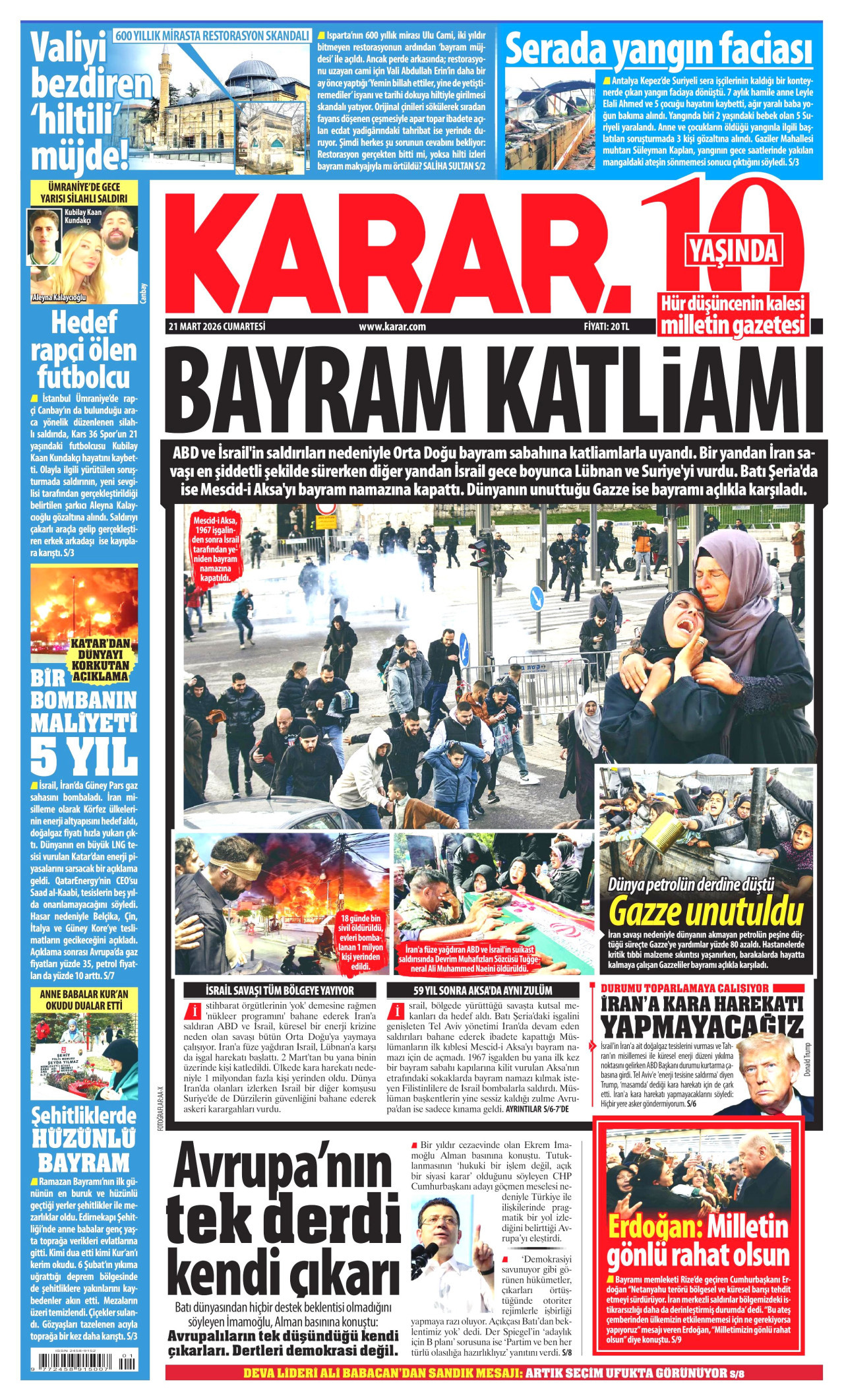 KARAR gazetesinin 21 Mart 2026 tarihli birinci sayfası