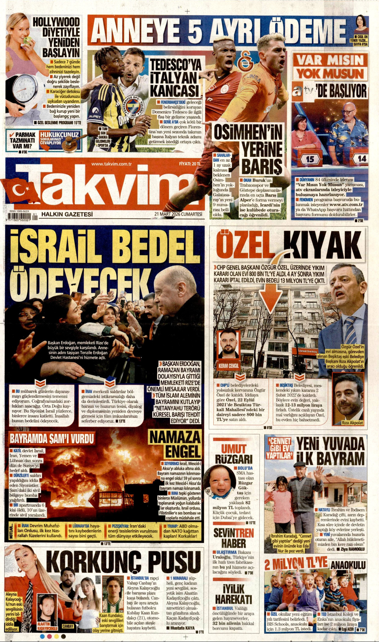 TAKVİM gazetesinin 21 Mart 2026 tarihli birinci sayfası