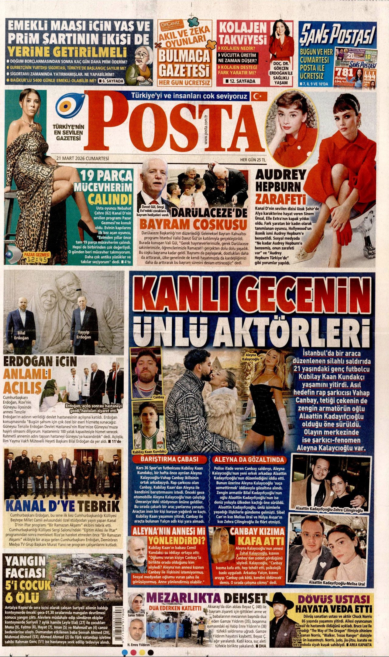 POSTA gazetesinin 21 Mart 2026 tarihli birinci sayfası