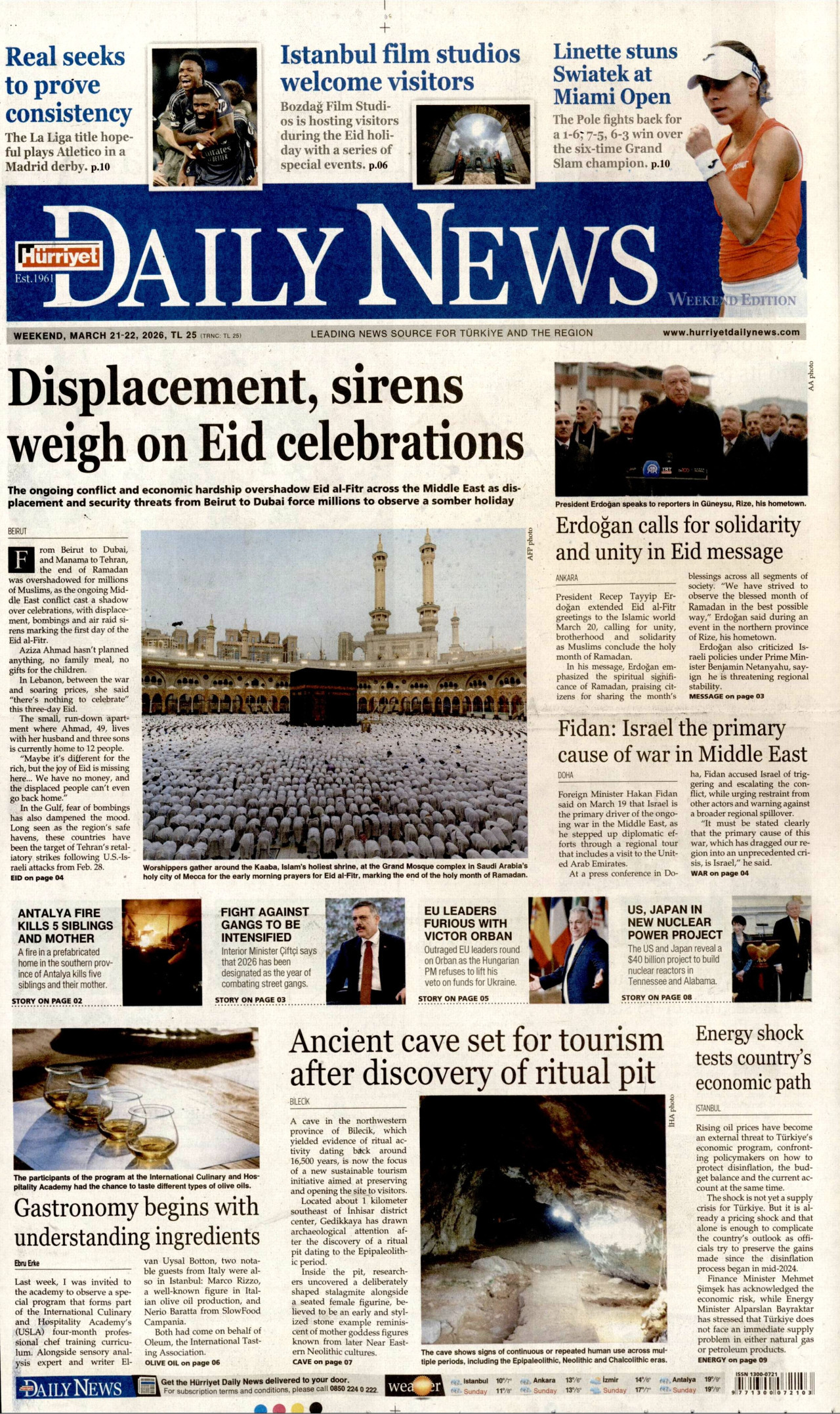 HÜRRİYET DAİLY NEWS gazetesinin 21 Mart 2026 tarihli birinci sayfası