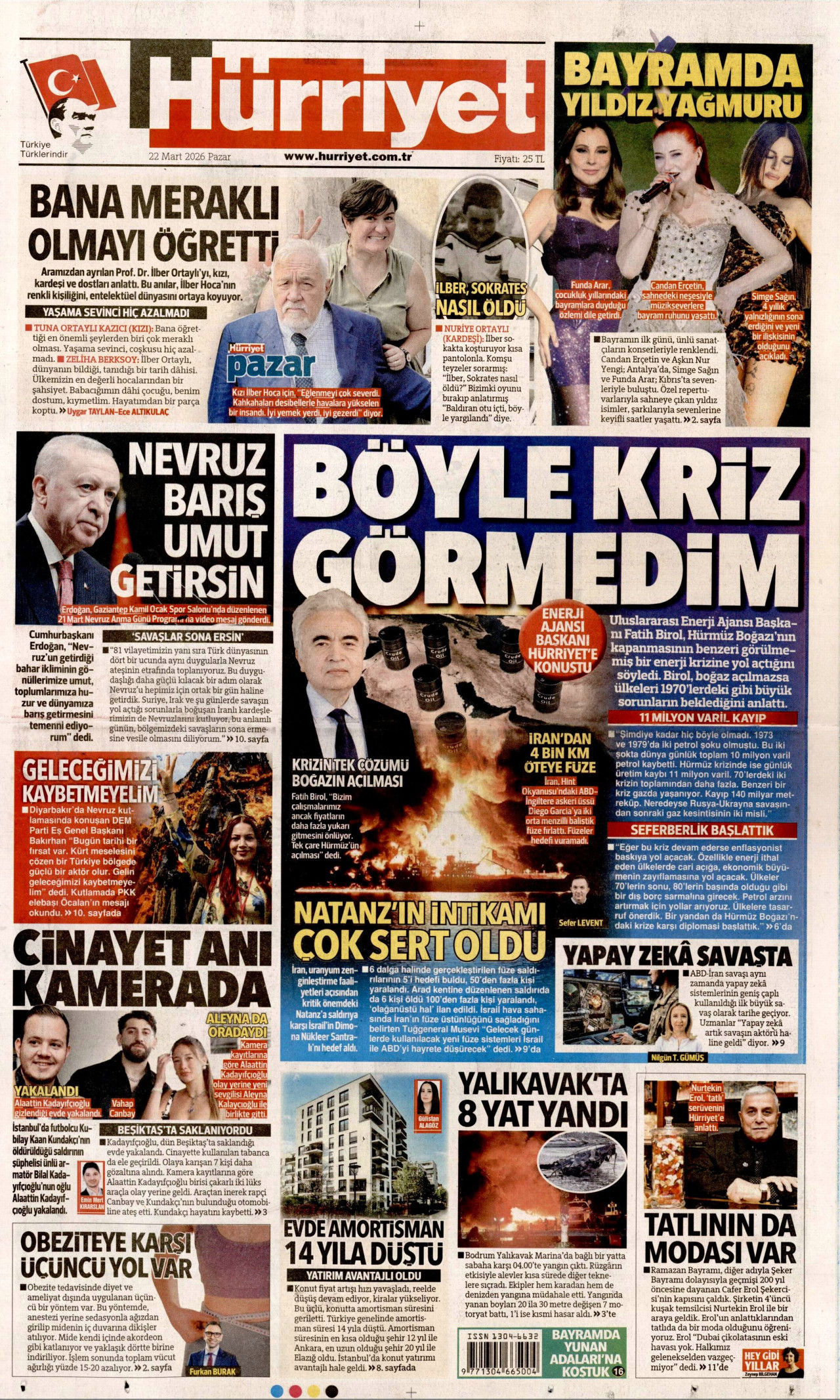 HÜRRİYET gazetesinin 22 Mart 2026 tarihli birinci sayfası