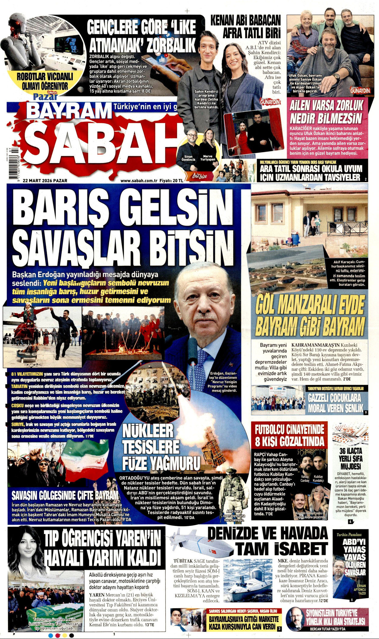 SABAH gazetesinin 22 Mart 2026 tarihli birinci sayfası