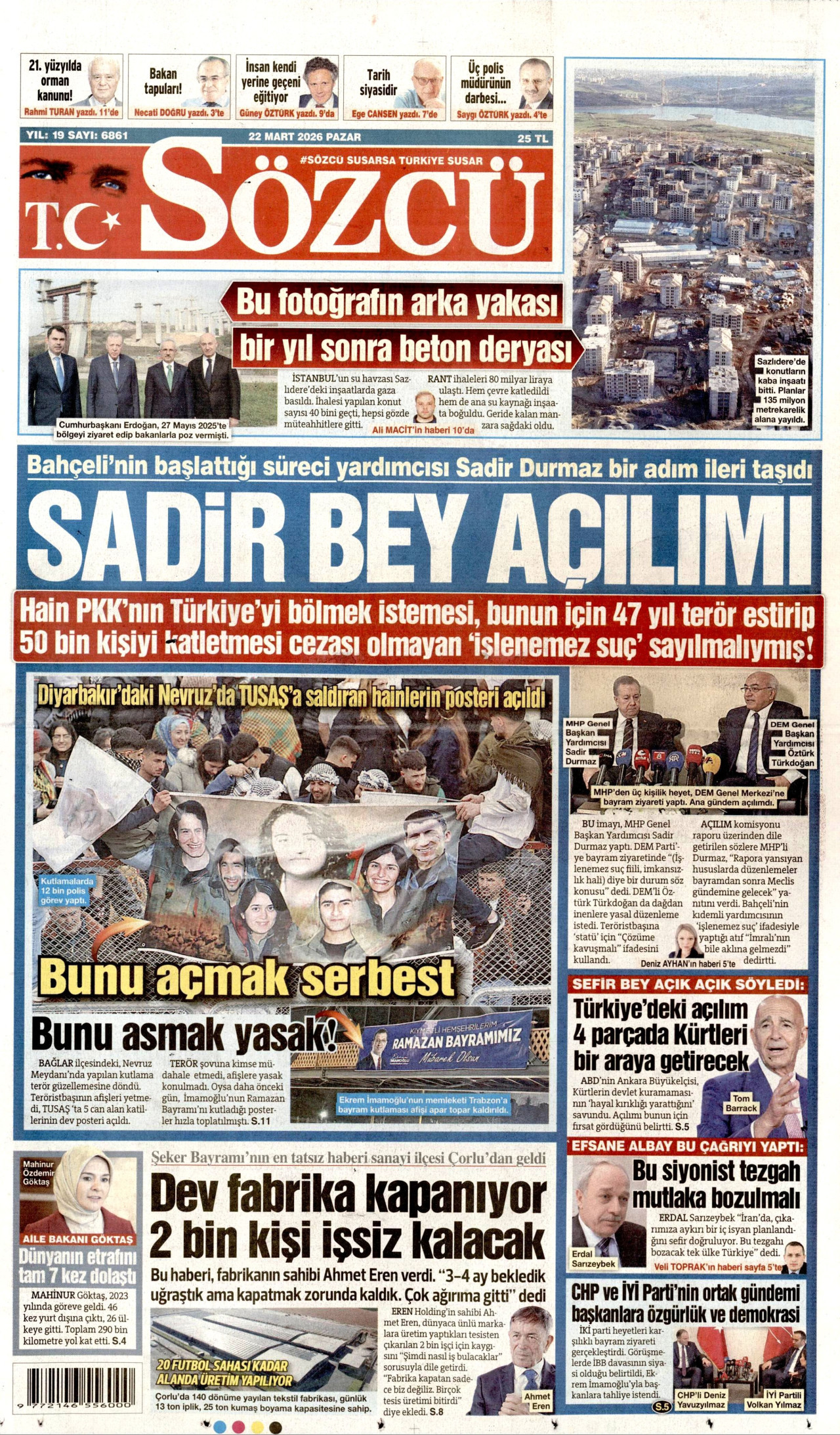 SÖZCÜ gazetesinin 22 Mart 2026 tarihli birinci sayfası