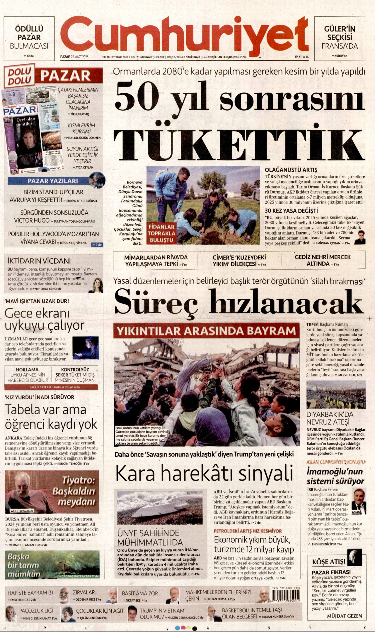 CUMHURİYET gazetesinin 22 Mart 2026 tarihli birinci sayfası