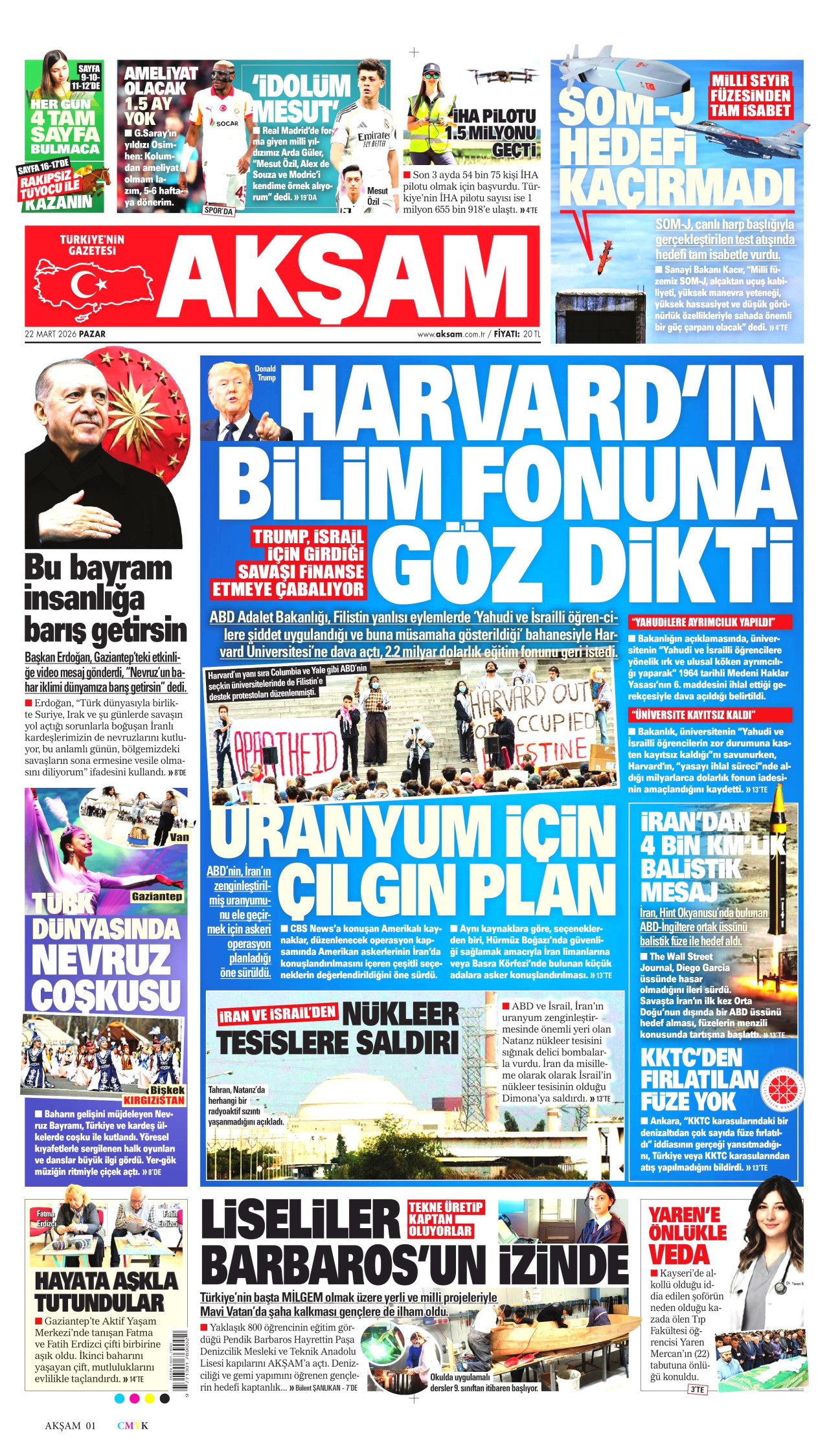 AKŞAM gazetesinin 22 Mart 2026 tarihli birinci sayfası