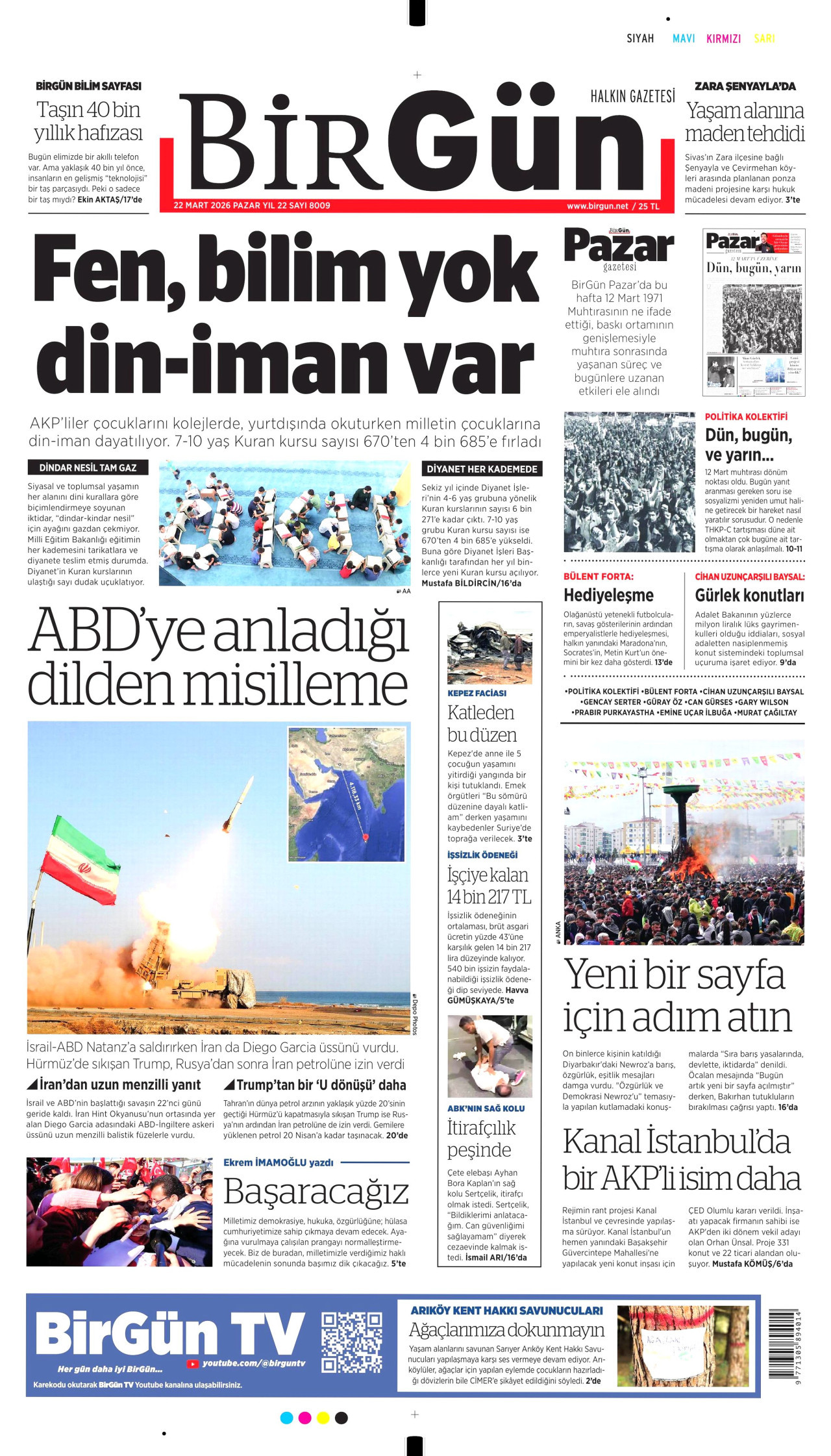 BİRGÜN gazetesinin 22 Mart 2026 tarihli birinci sayfası