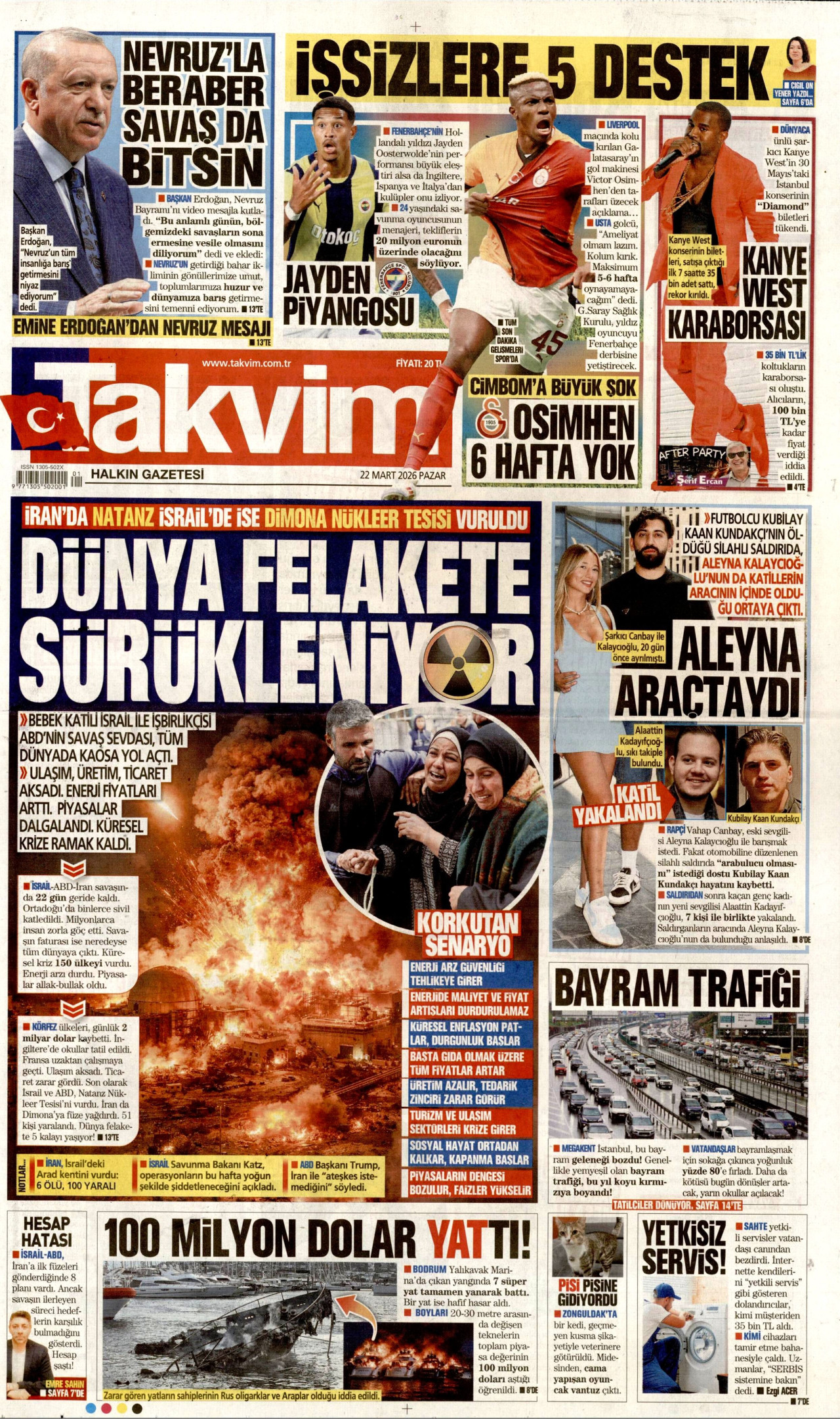 TAKVİM gazetesinin 22 Mart 2026 tarihli birinci sayfası