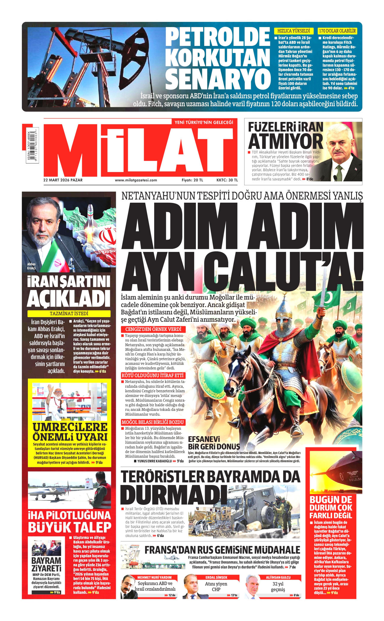 MİLAT gazetesinin 22 Mart 2026 tarihli birinci sayfası