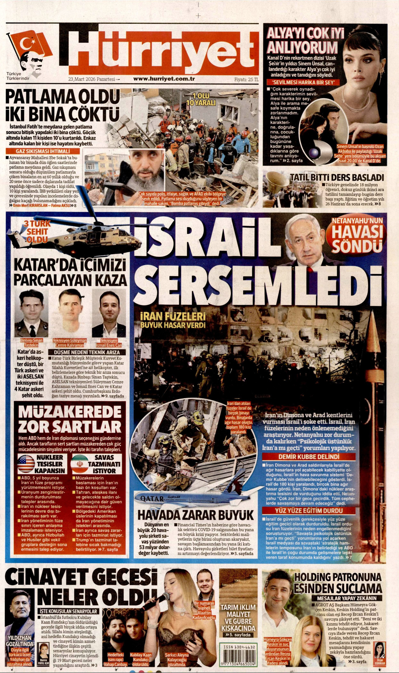 HÜRRİYET gazetesinin 23 Mart 2026 tarihli birinci sayfası