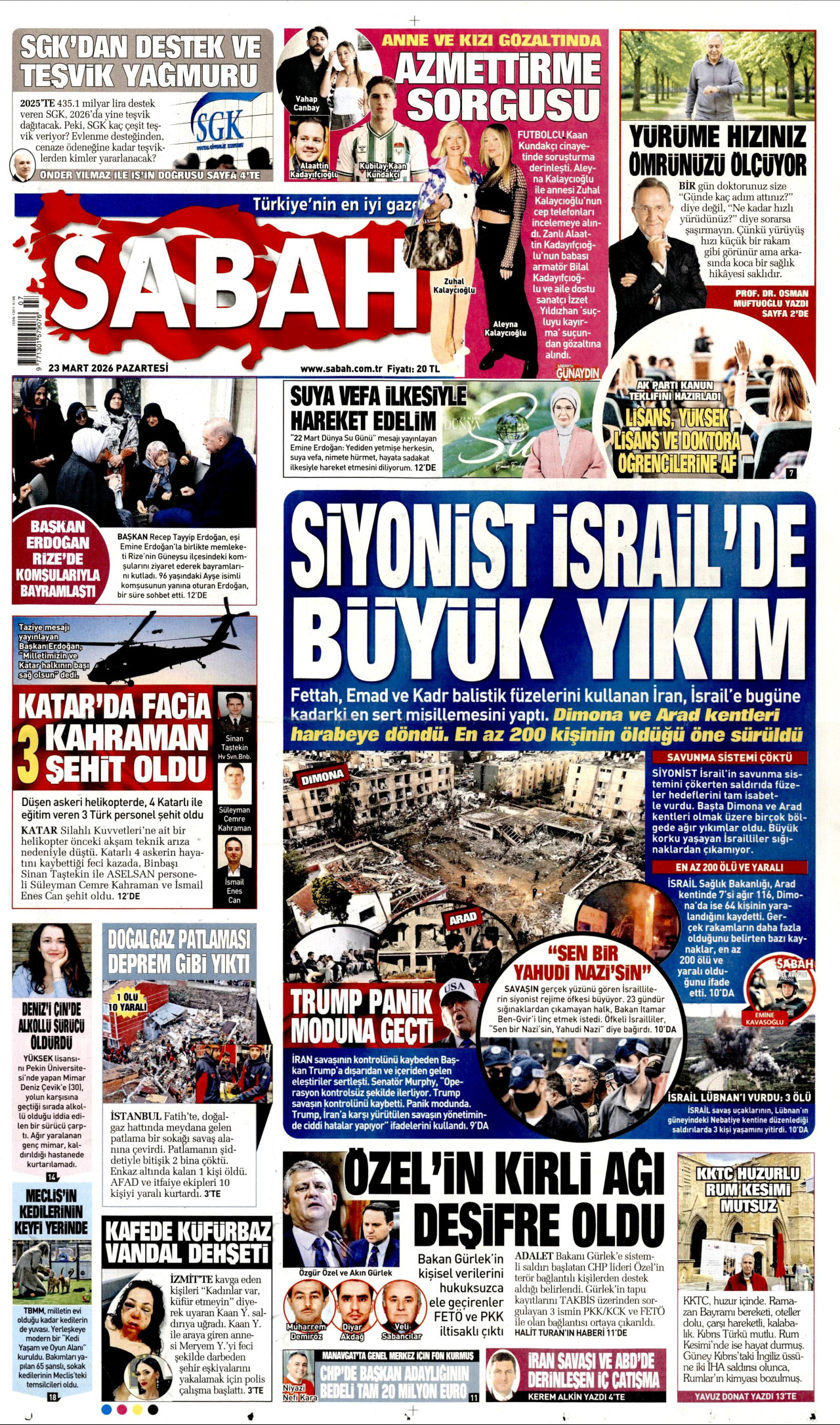 SABAH gazetesinin 23 Mart 2026 tarihli birinci sayfası